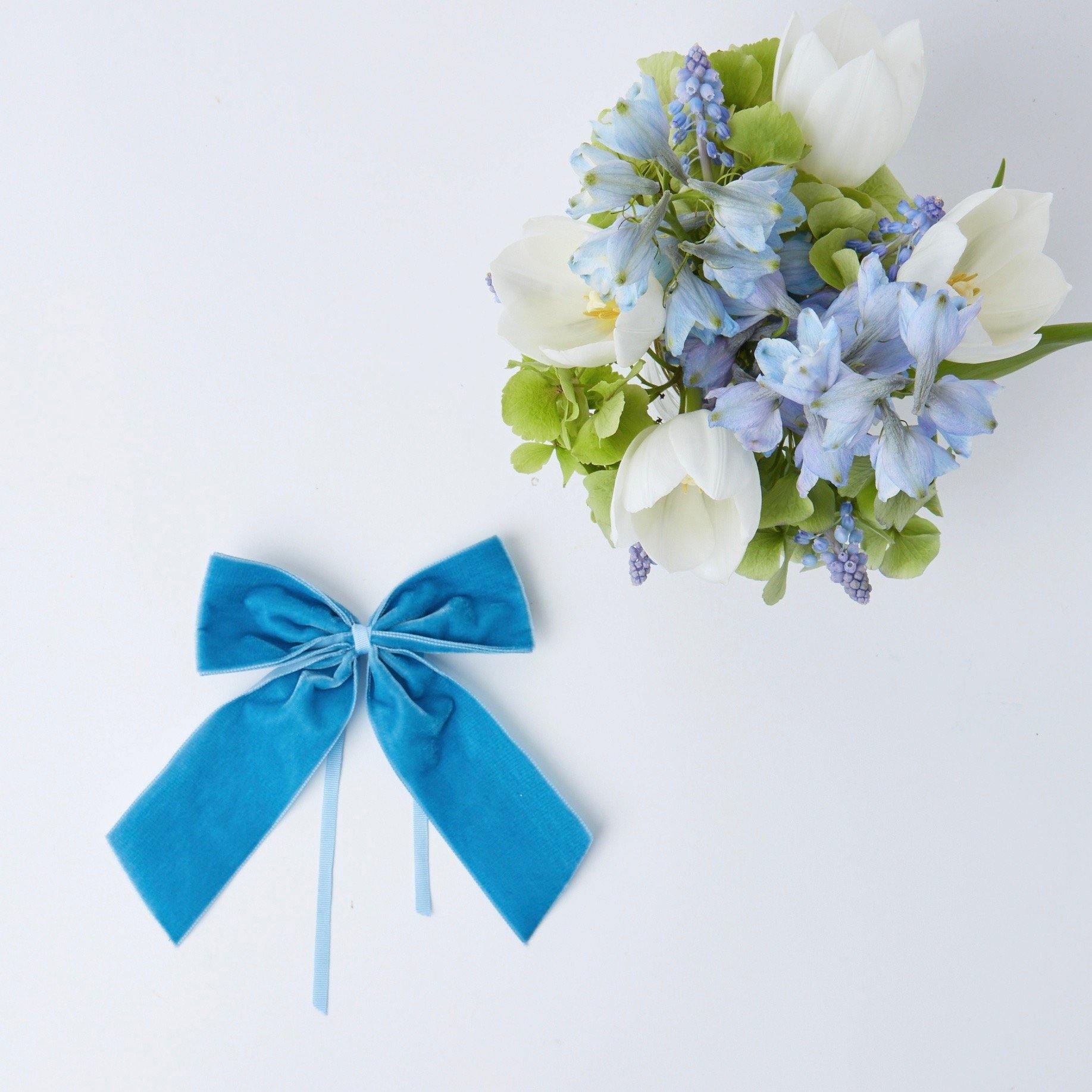 Handmade luxury wreath bow, French blue dupioni and blue gingham check –  Grace Harris Collection