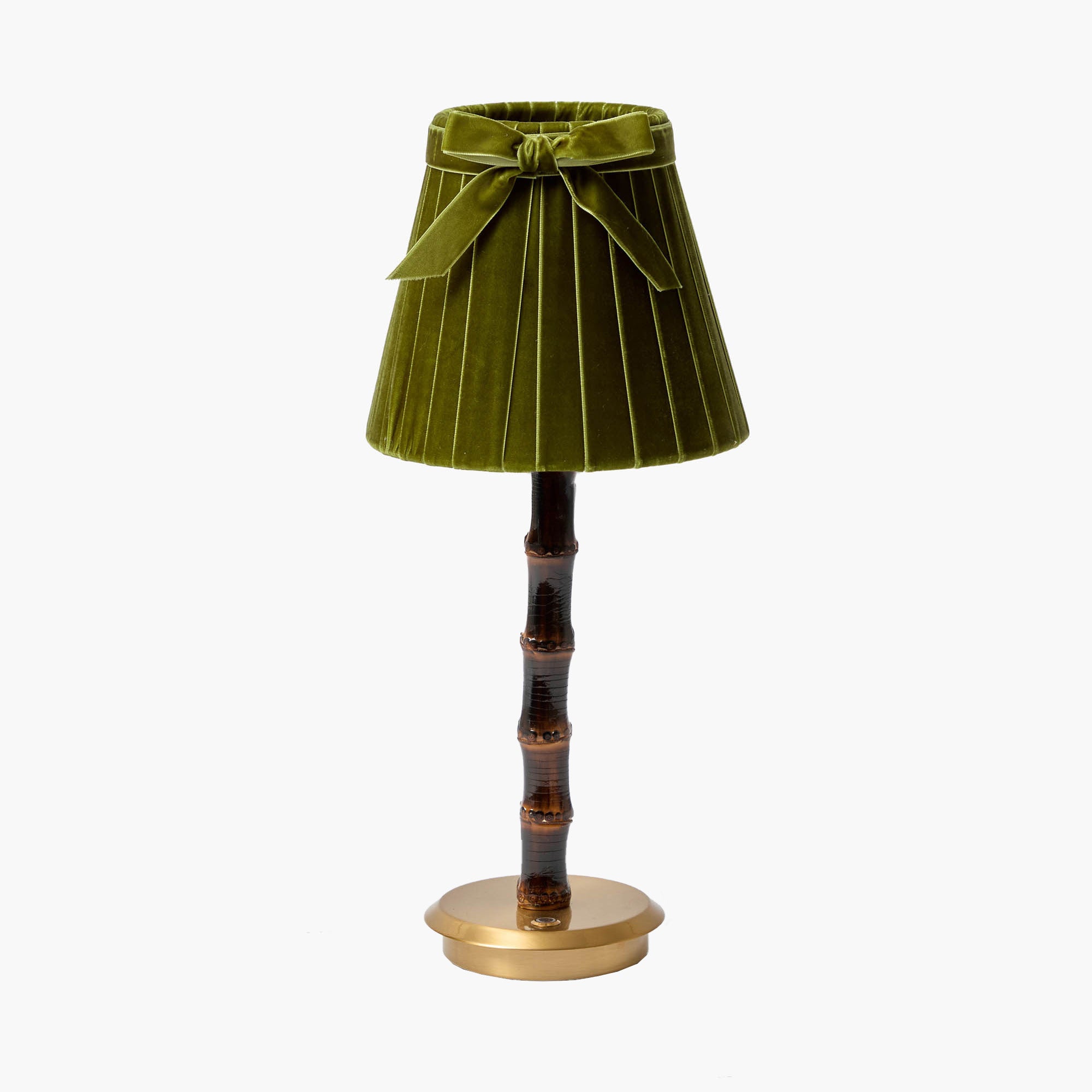 Burnt Bamboo Rechargeable Lamp with Olive Velvet Bow Shade (18cm)