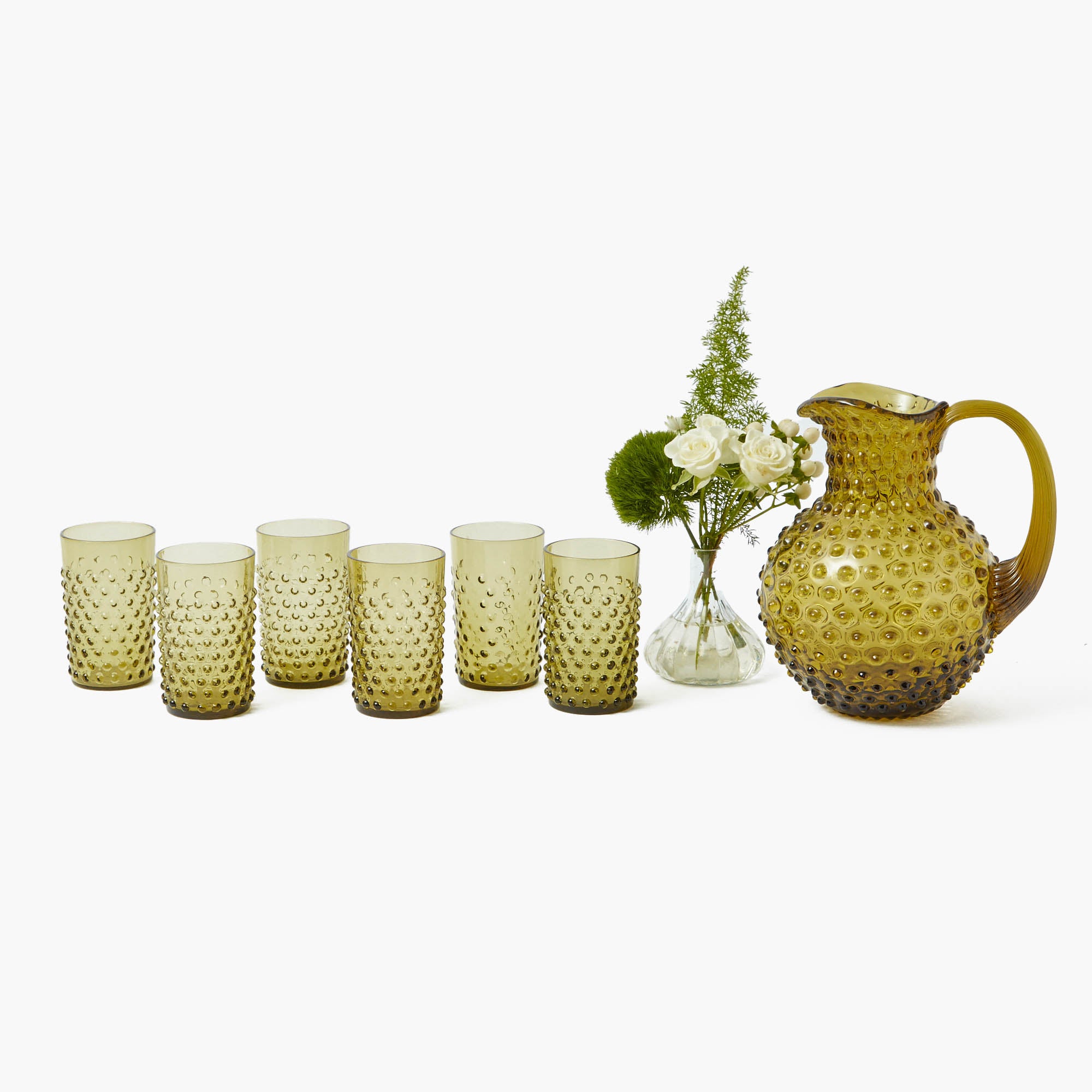 Olive Green Hobnail Jug & Glasses (Set of 6)