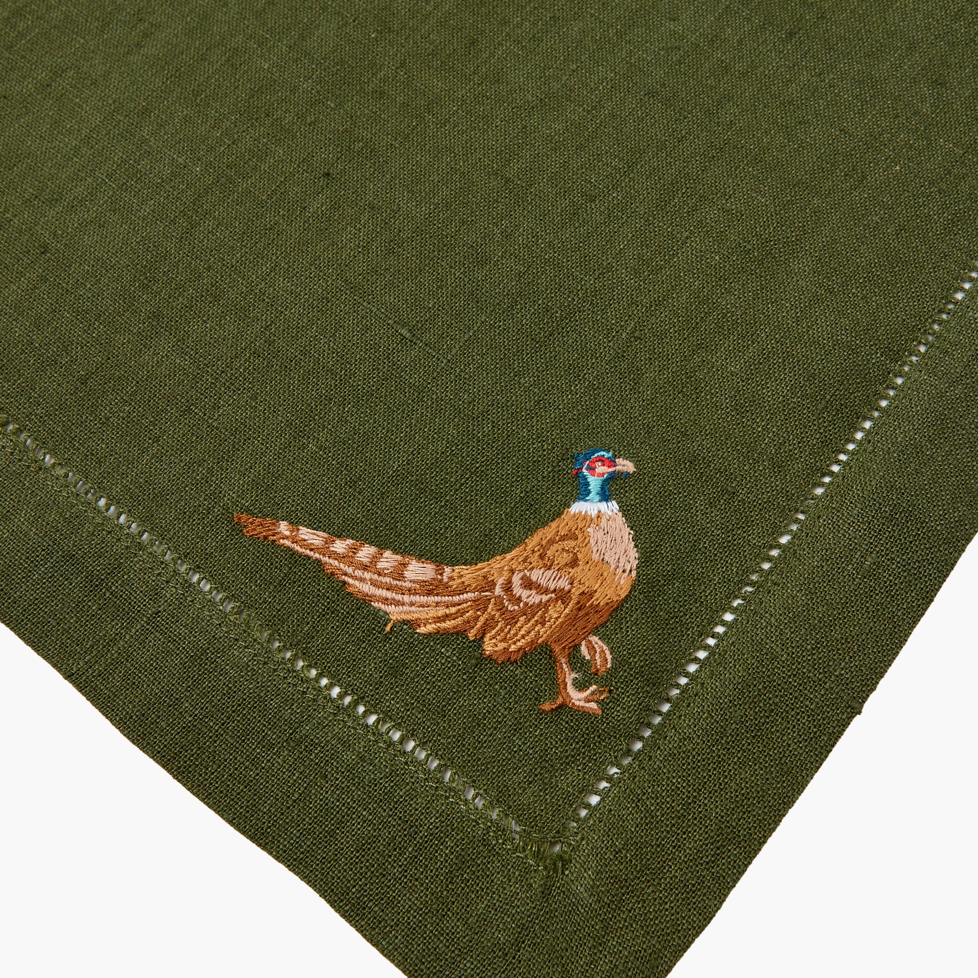 Green Embroidered Pheasant Linen Napkins (Set of 4)