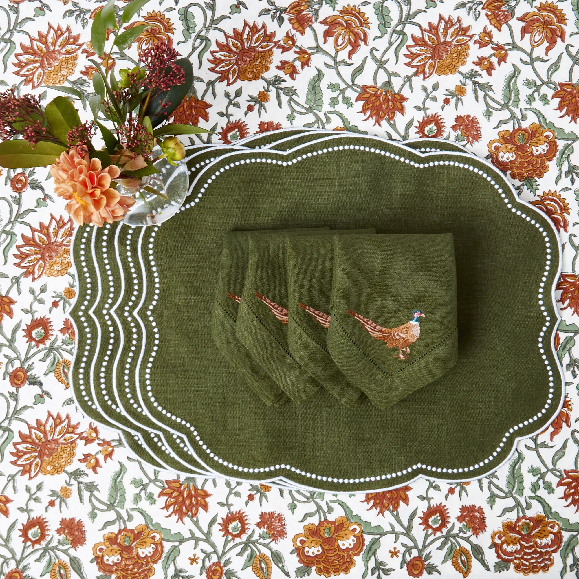 Green Embroidered Pheasant Linen Napkins (Set of 4)