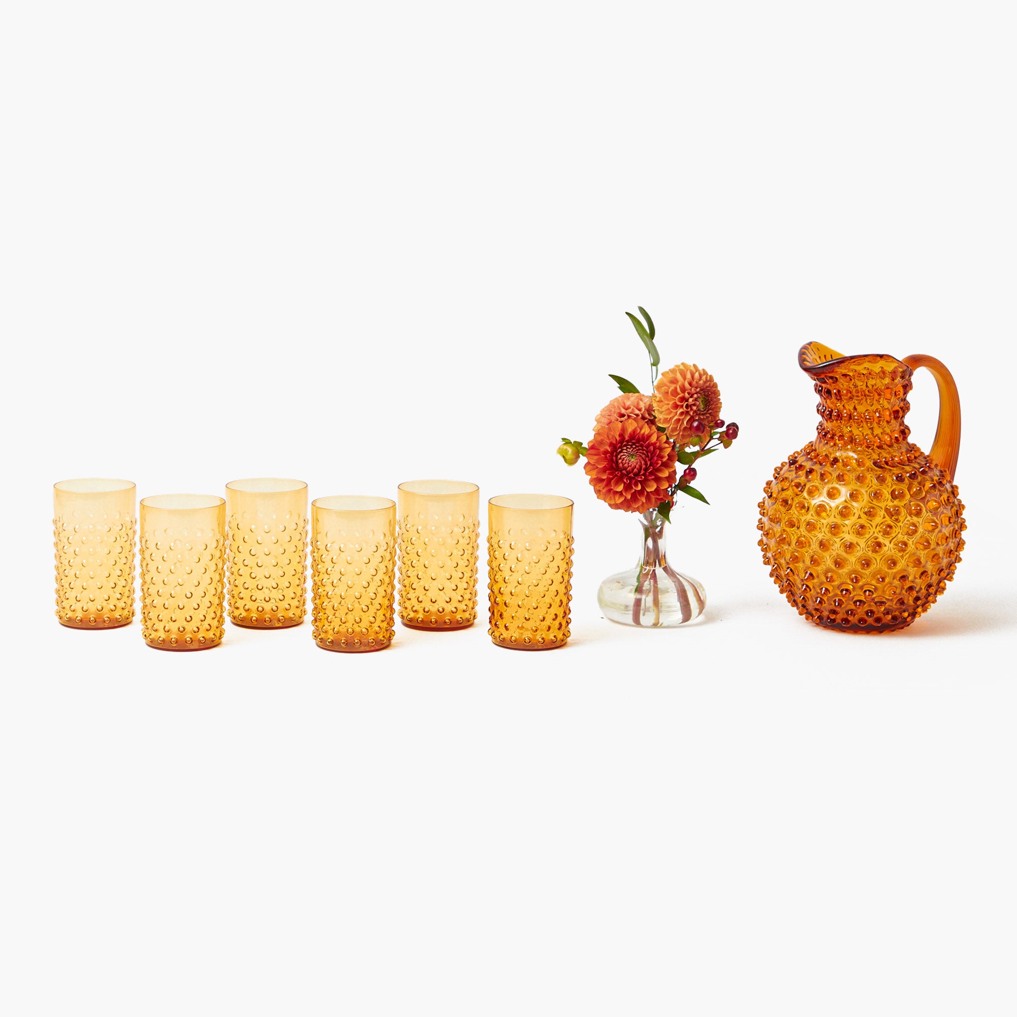 Amber Hobnail Jug and Glasses (Set of 6)