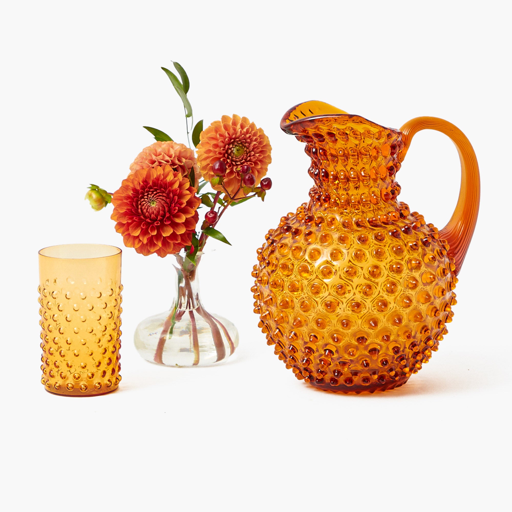 Amber Hobnail Jug and Glasses (Set of 6)