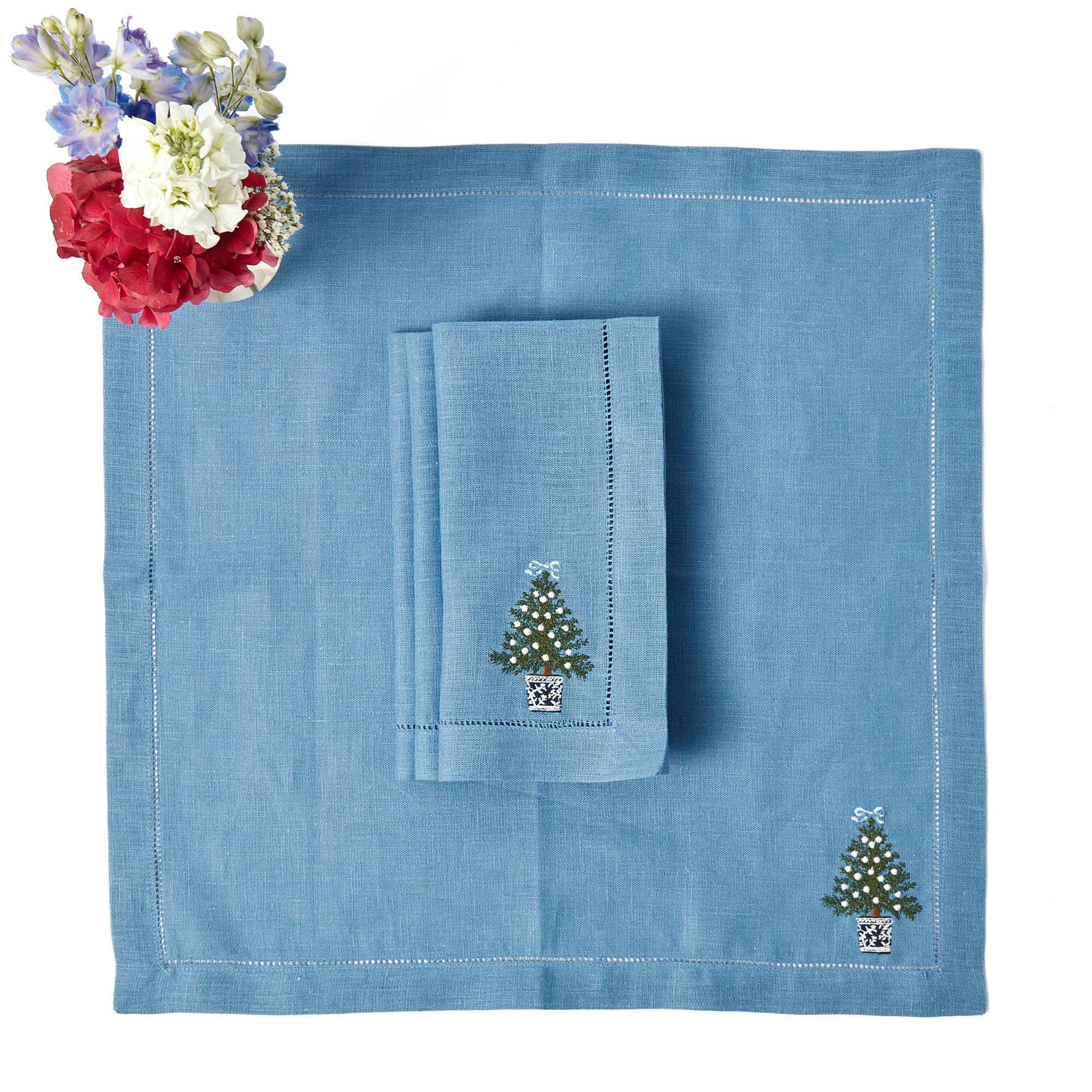 Blue Linen Christmas Tree Napkins (Set of 4)