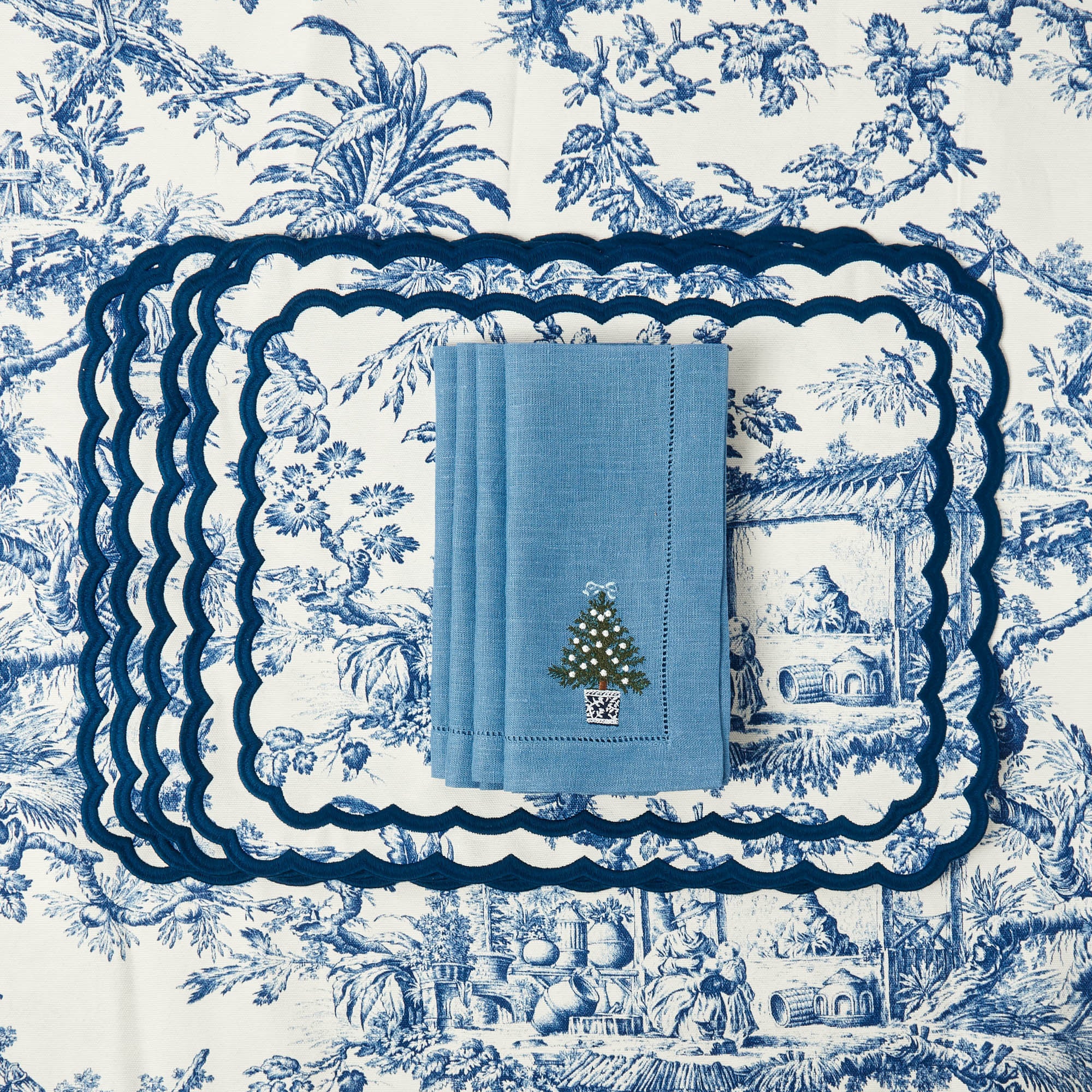 Blue Linen Christmas Tree Napkins (Set of 4)