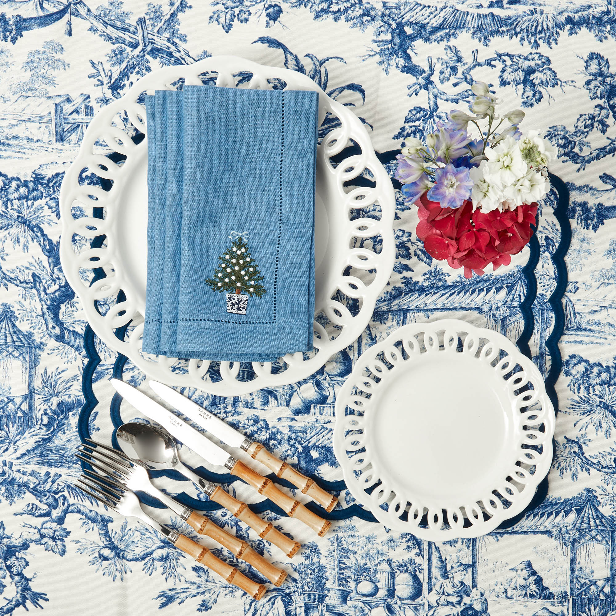 Blue Linen Christmas Tree Napkins (Set of 4)