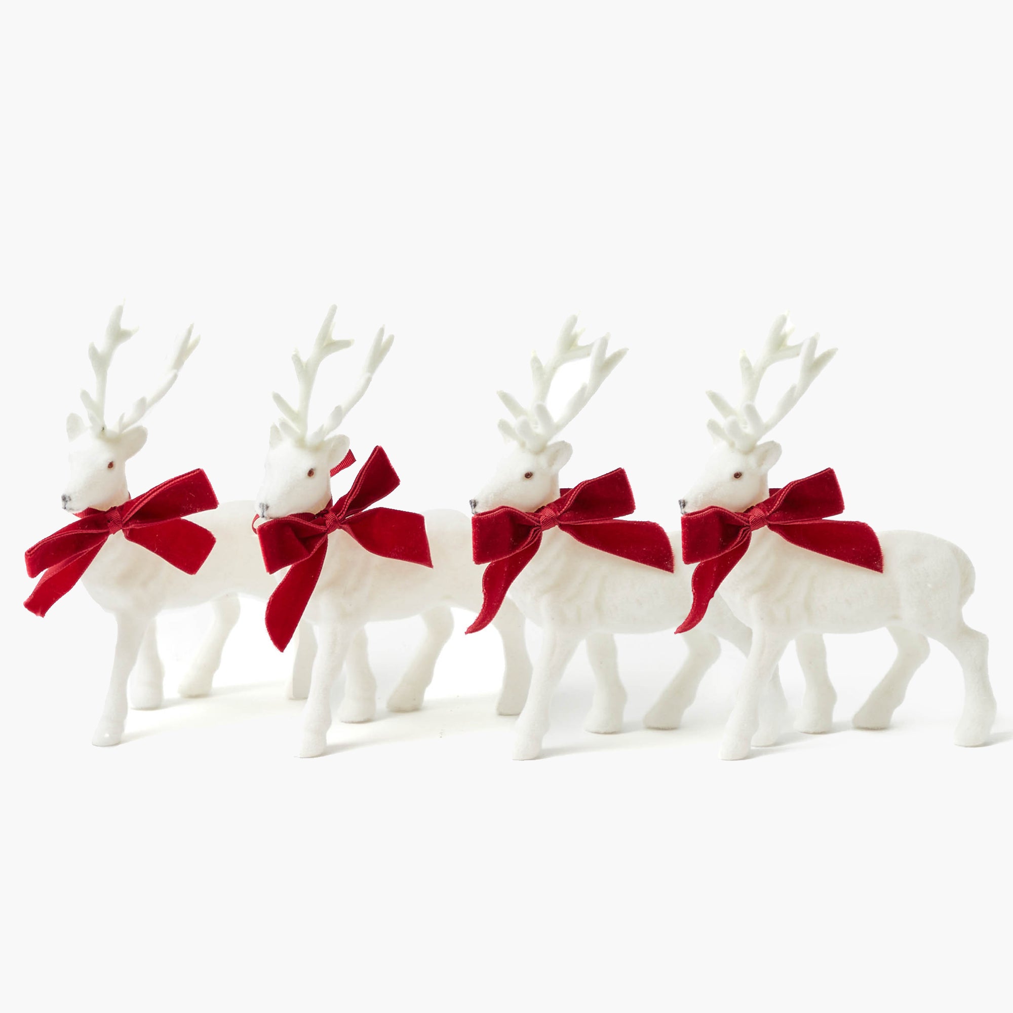 Small White Flocked Reindeer with Velvet Bows (Set of 4)