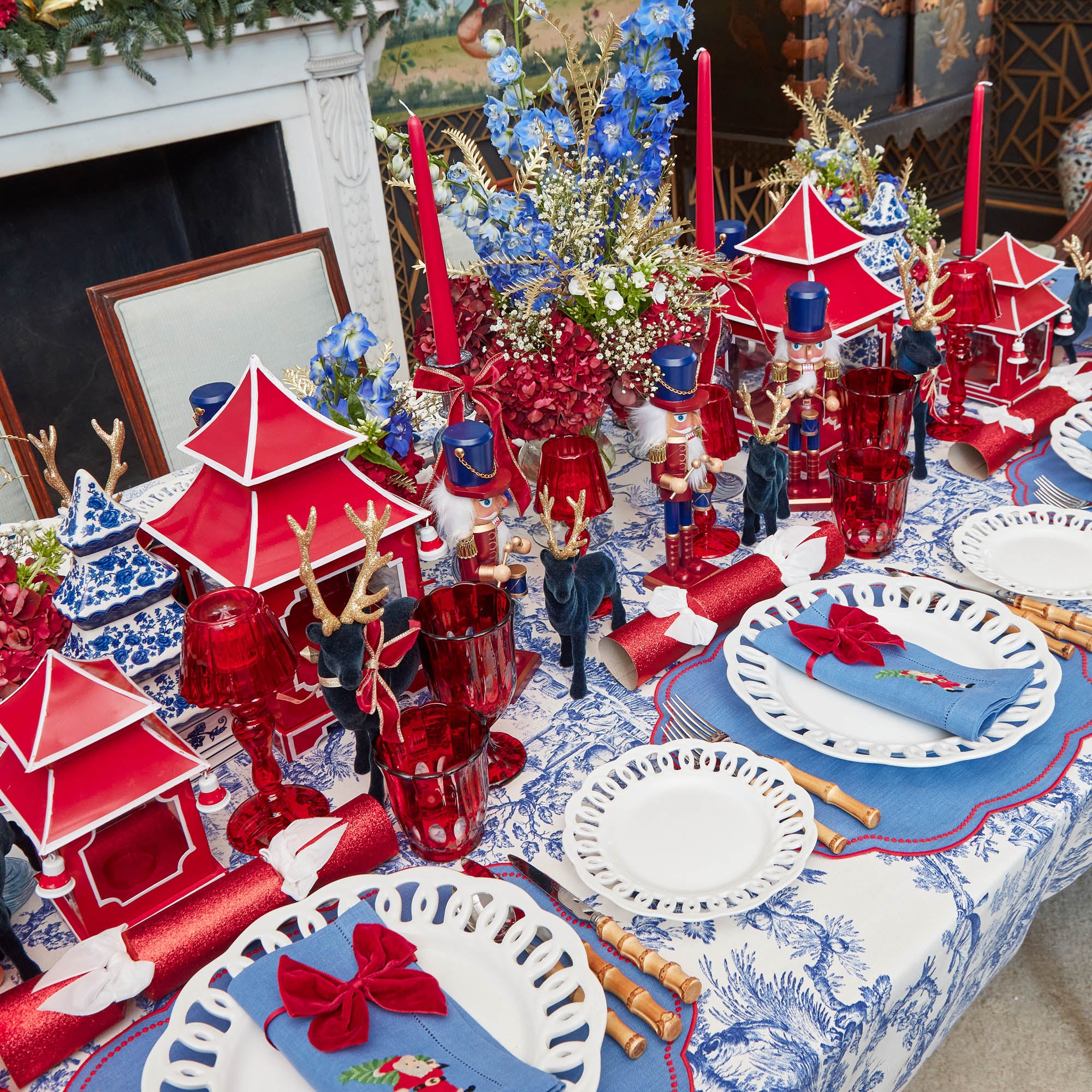 Blue & Red Hand Embroidered Father Christmas Napkins (Set of 4)