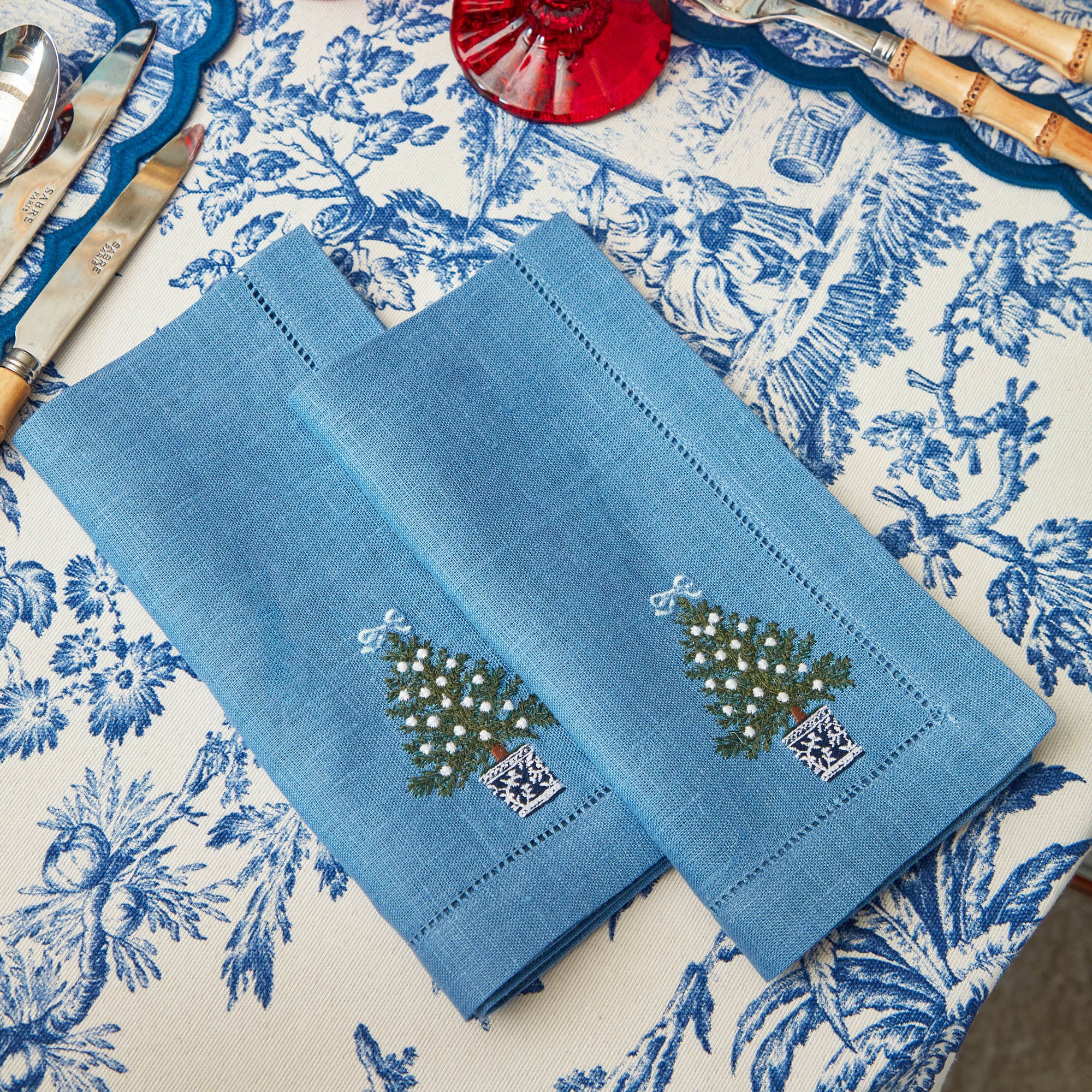 Blue Linen Christmas Tree Napkins (Set of 4)