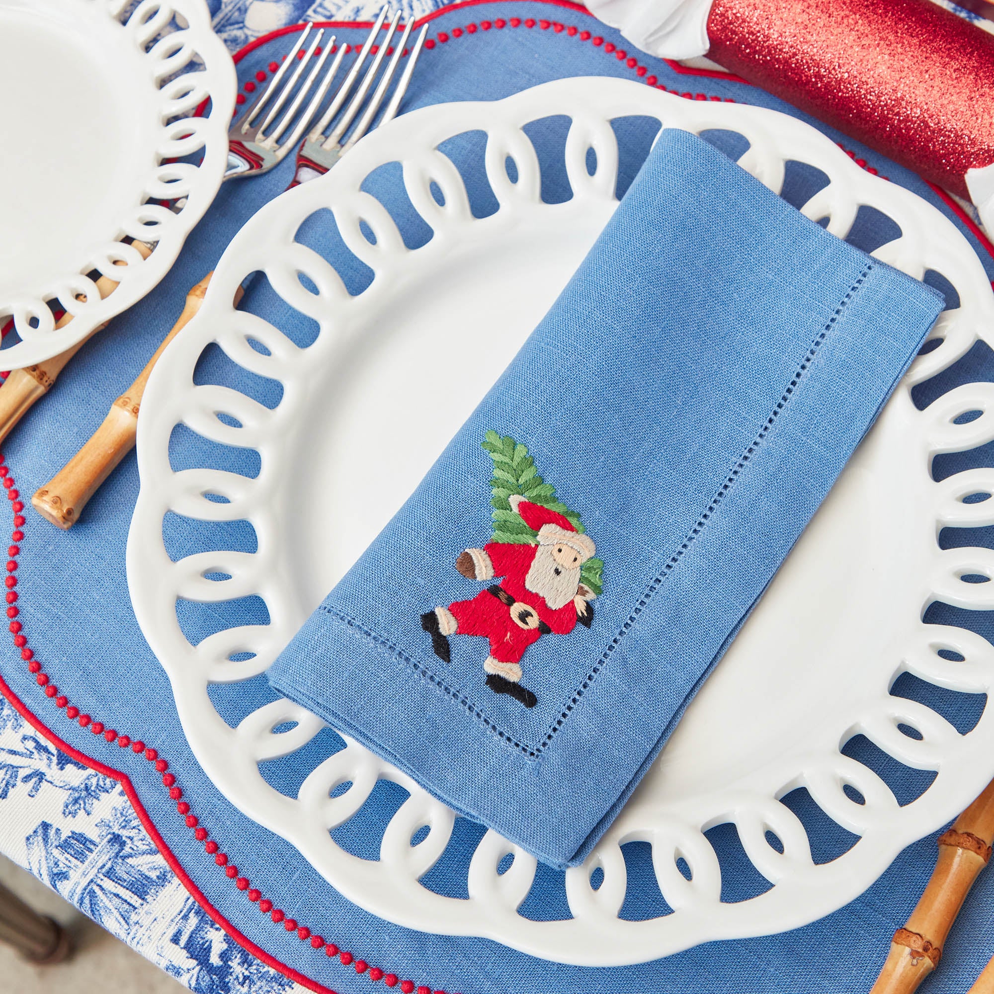 Blue & Red Hand Embroidered Father Christmas Napkins (Set of 4)