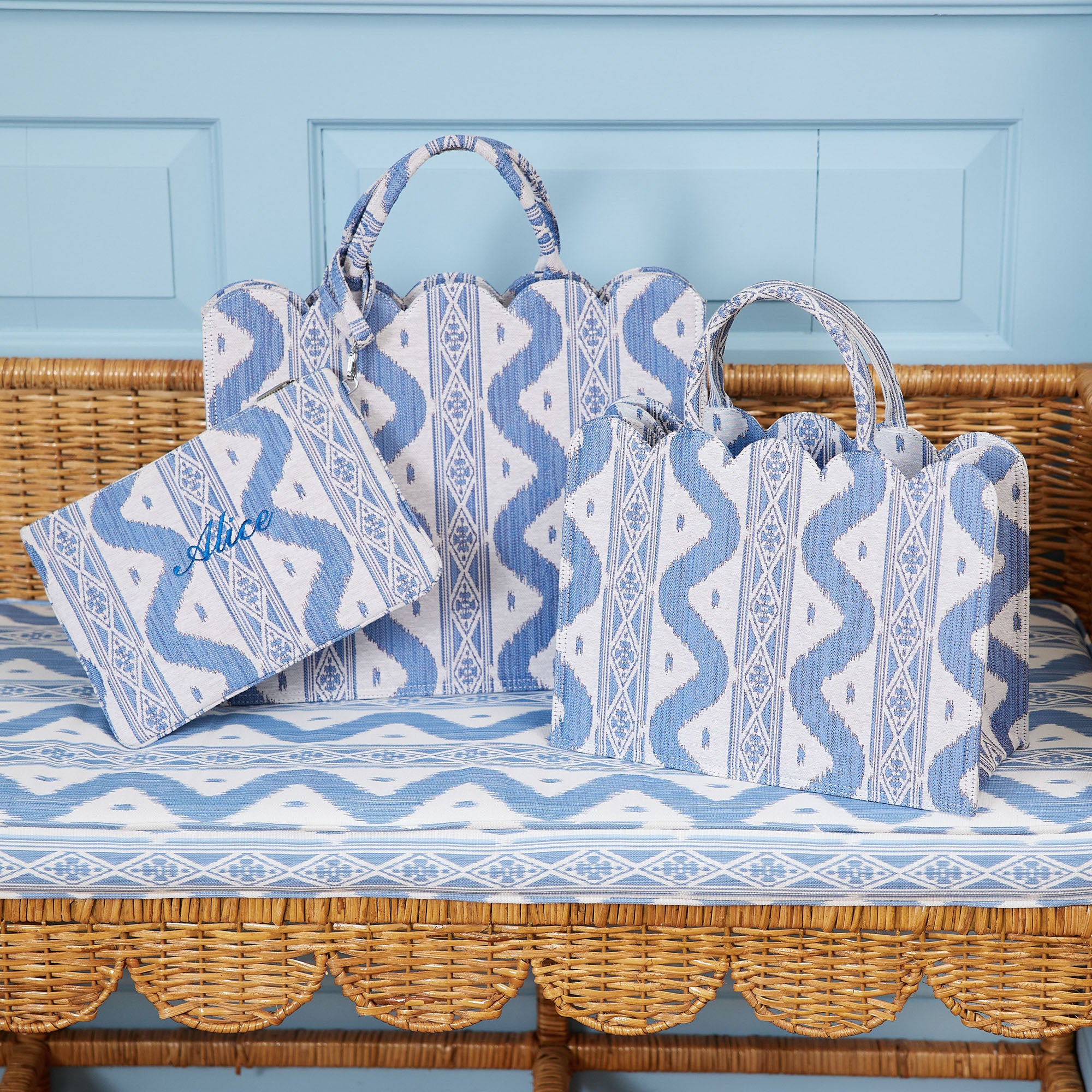 Mrs. Alice Tote Bag (Blue Ikat) With Bow