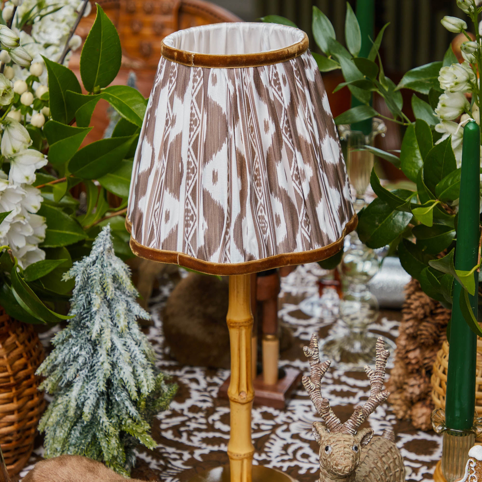 Rechargeable Bamboo Lamp with Chocolate Brown Ikat Shade (18cm)