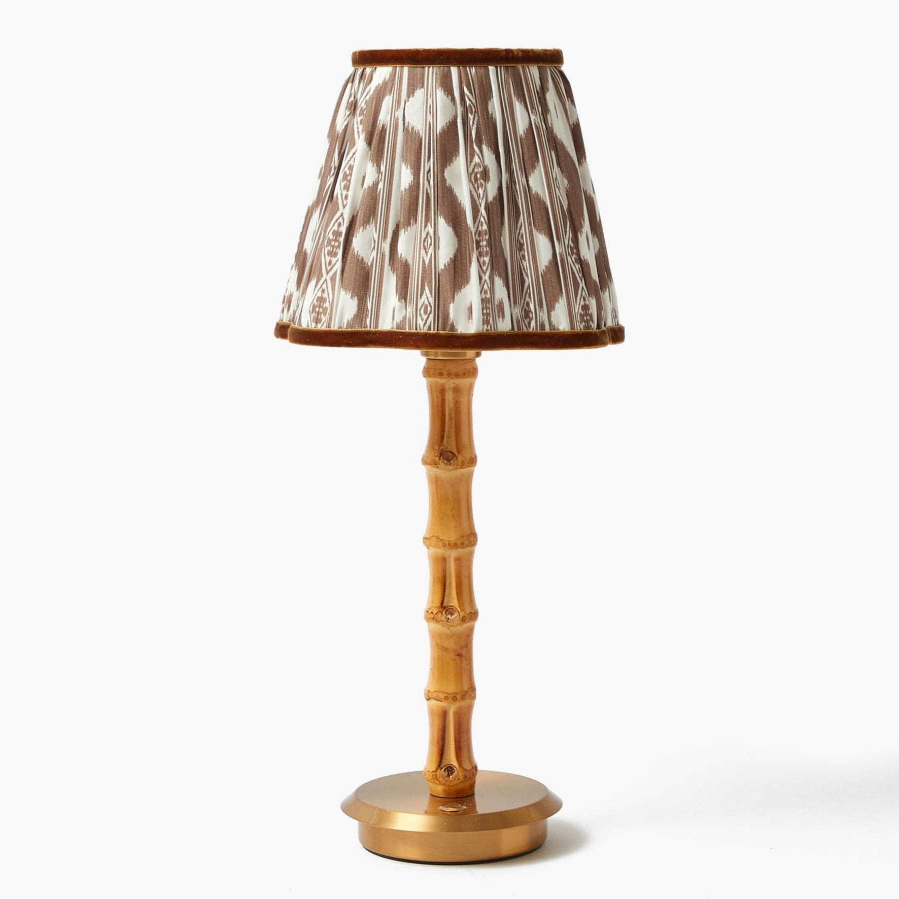 Rechargeable Bamboo Lamp with Chocolate Brown Ikat Shade (18cm)