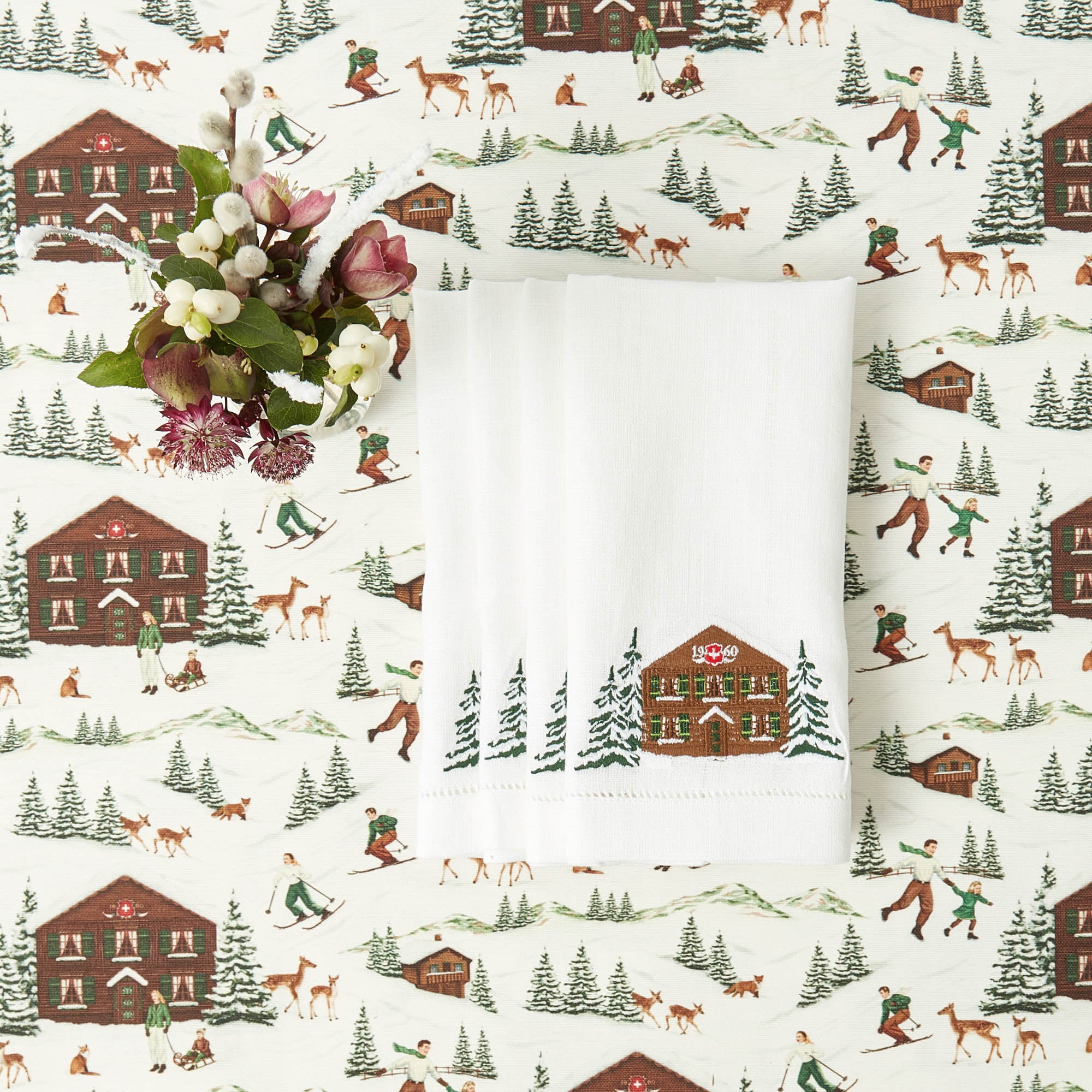 Alpine Chalet White Linen Napkins (Set of 4)