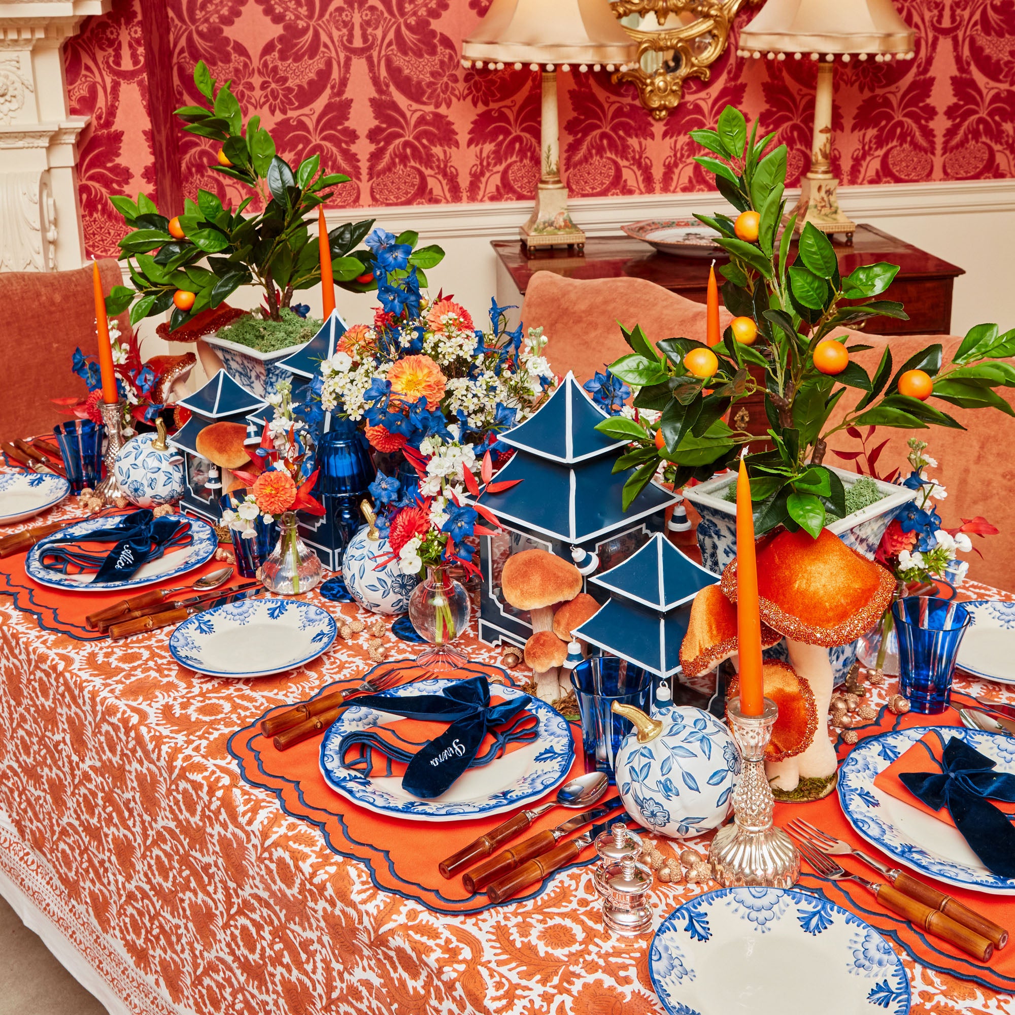 Quartet of glasses in Royal Blue Positano design for beverages.