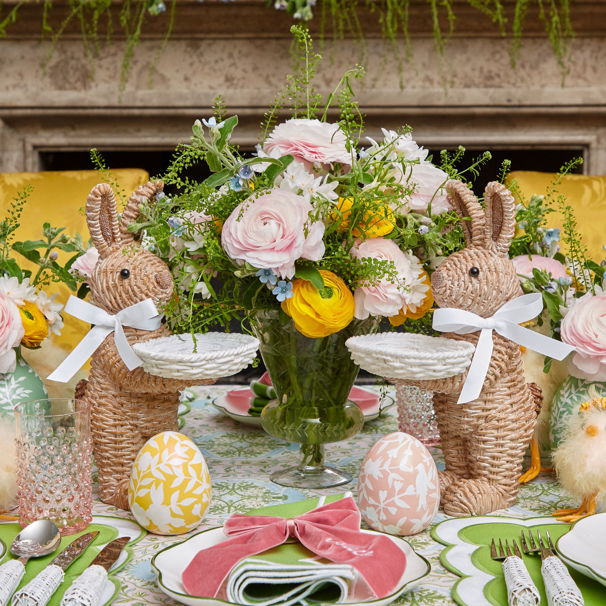 Rattan Ribboned Rabbit With Basket (Pair)