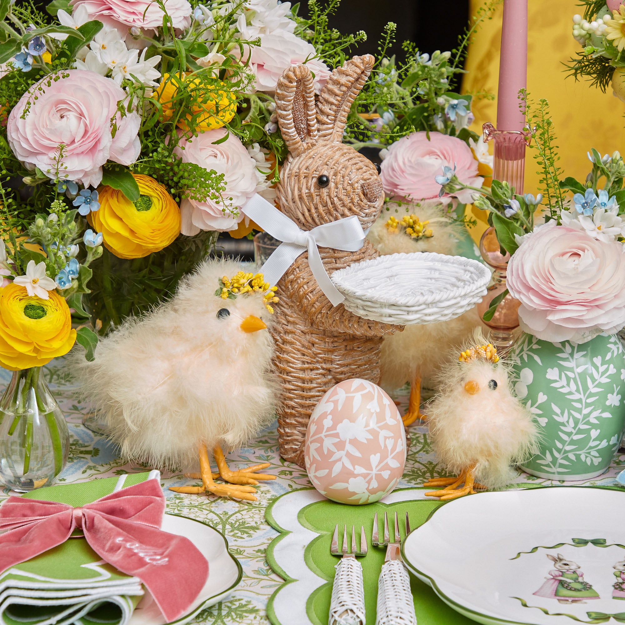 Rattan Ribboned Rabbit With Basket (Pair)