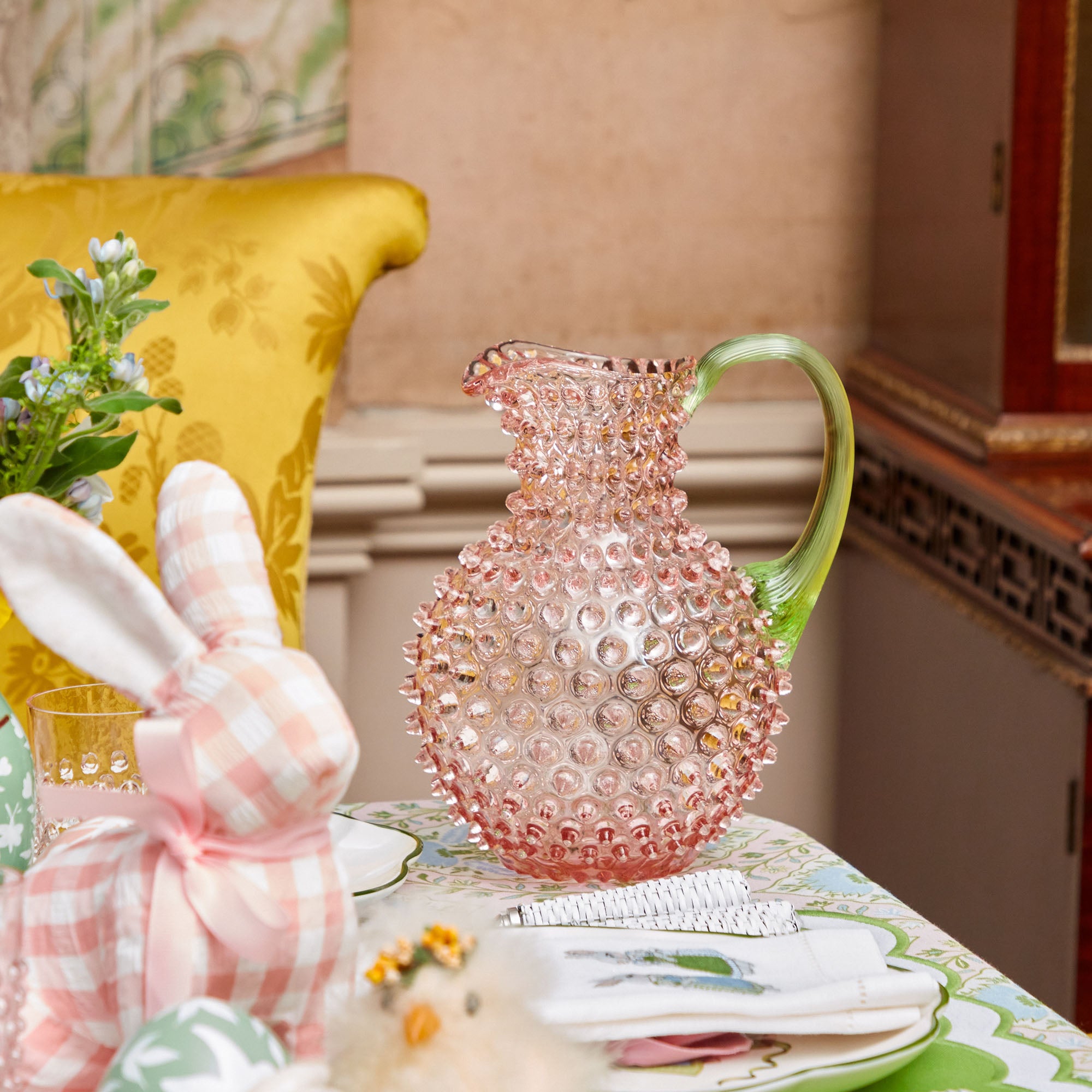 Rose Hobnail Jug with Emerald Handle & Glasses (Set of 6)