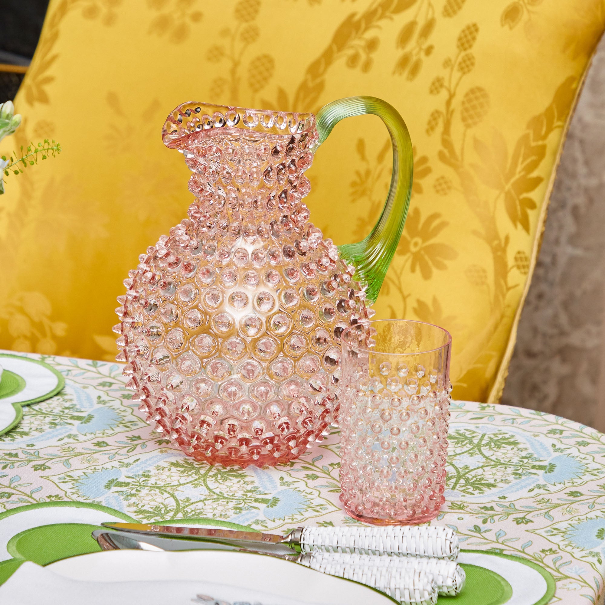 Rose Hobnail Jug with Emerald Handle