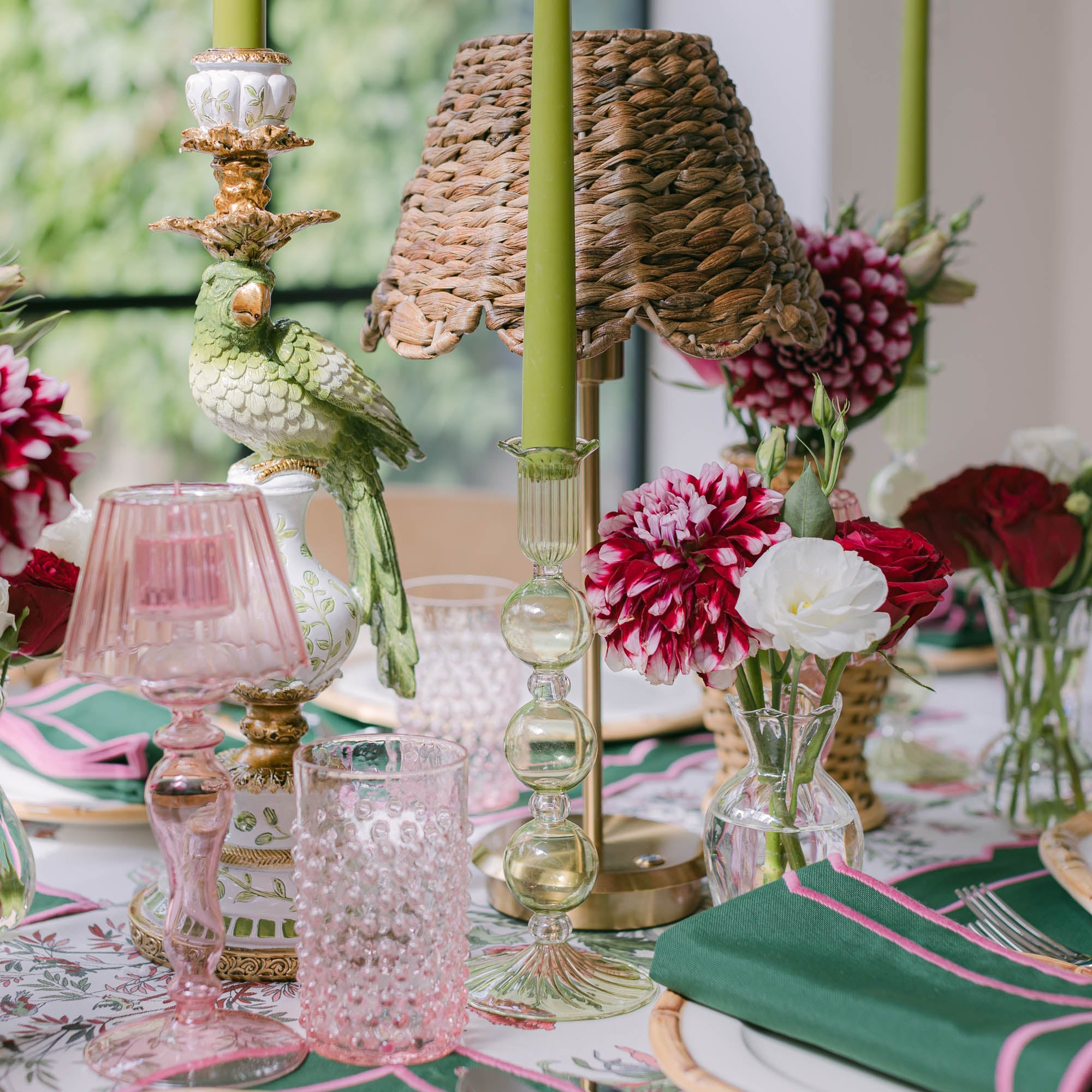 Rose Hobnail Jug with Emerald Handle & Glasses (Set of 6)