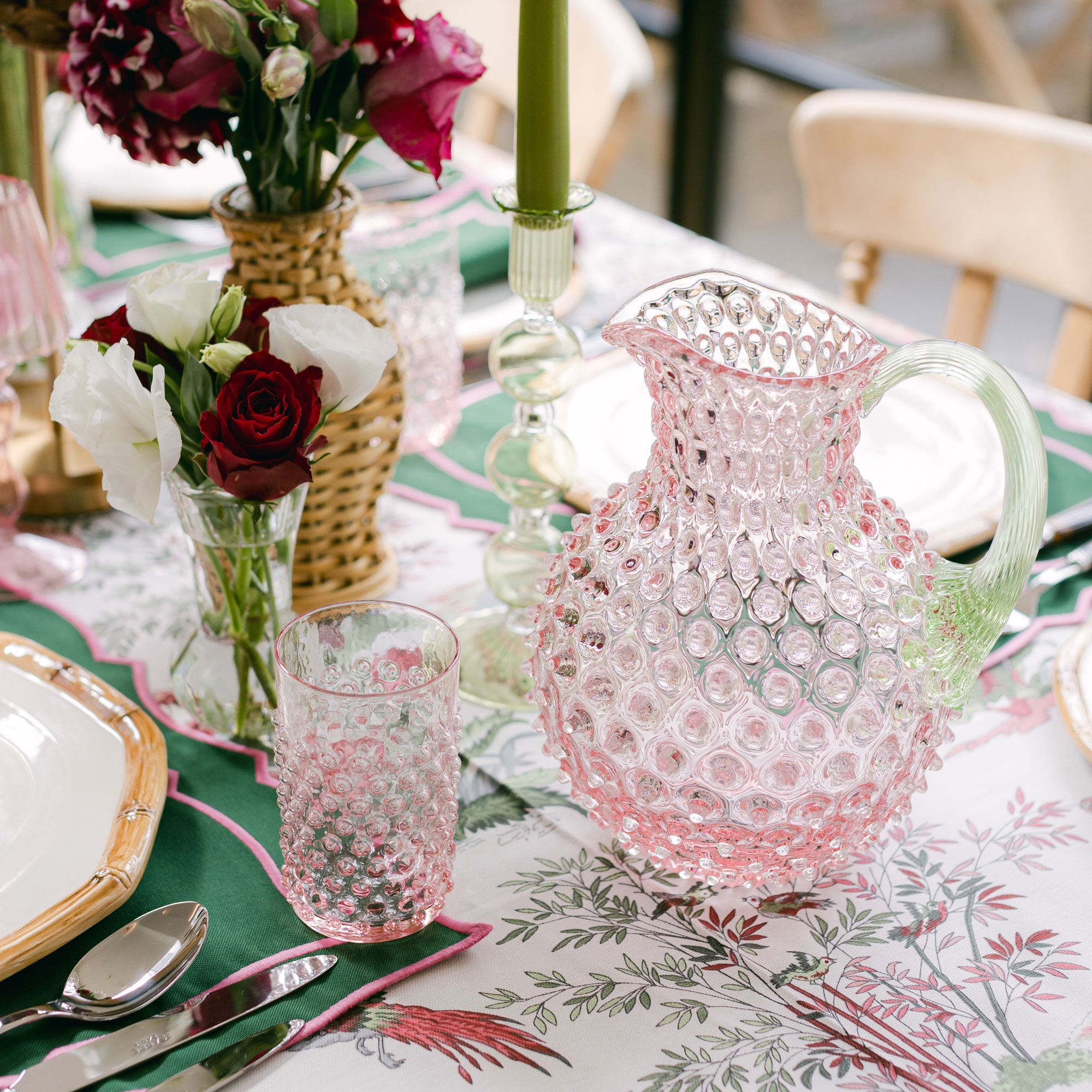 Rose Hobnail Jug with Emerald Handle & Glasses (Set of 6)