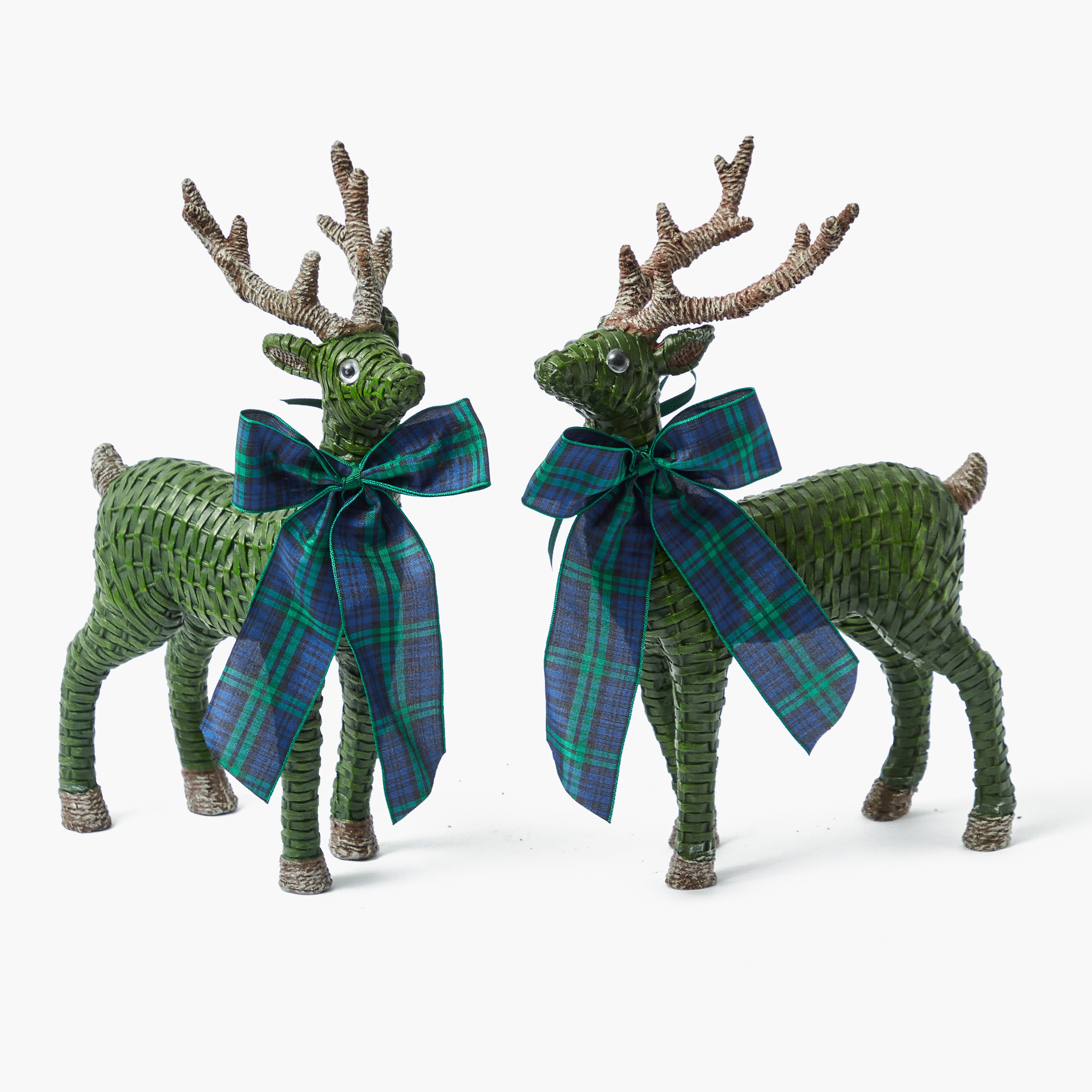 Forest Green Rattan Reindeer with Blue Tartan Bows (Pair) - 30cm