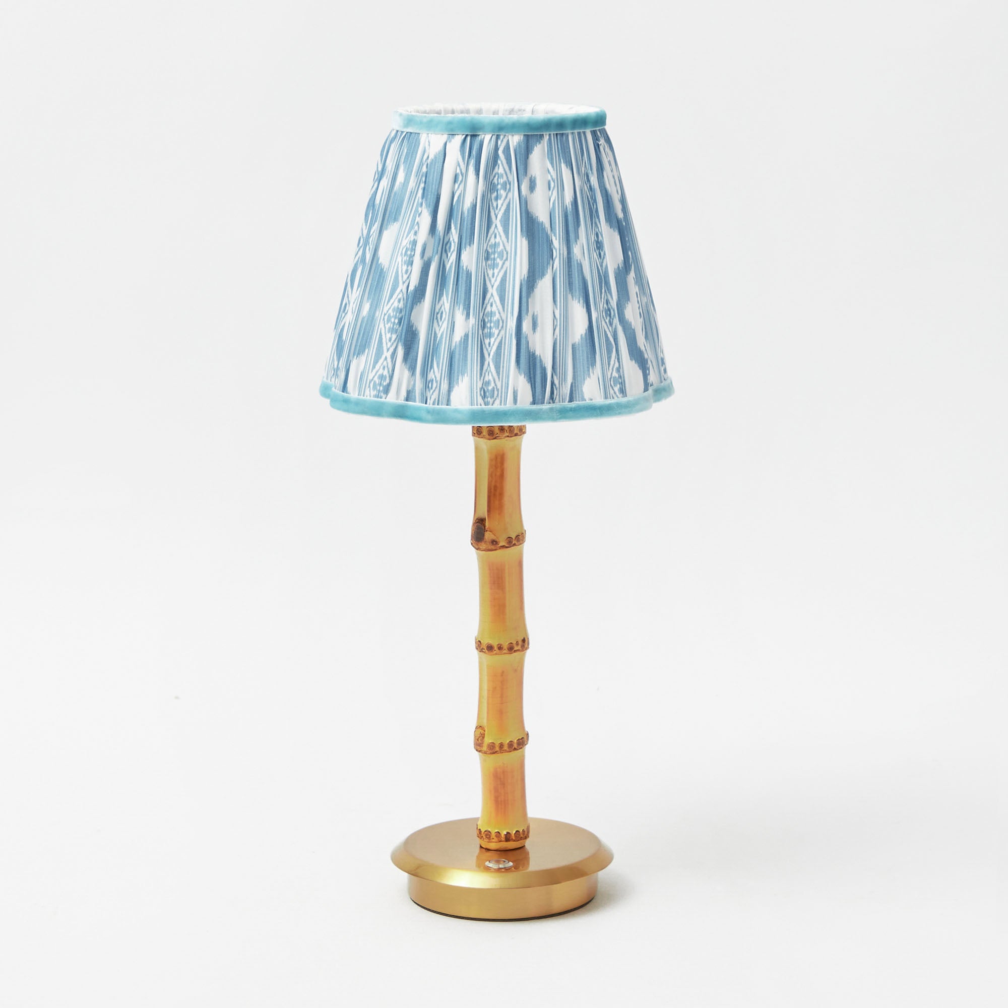 Rechargeable Bamboo Lamp with Blue Ikat Shade (18cm)