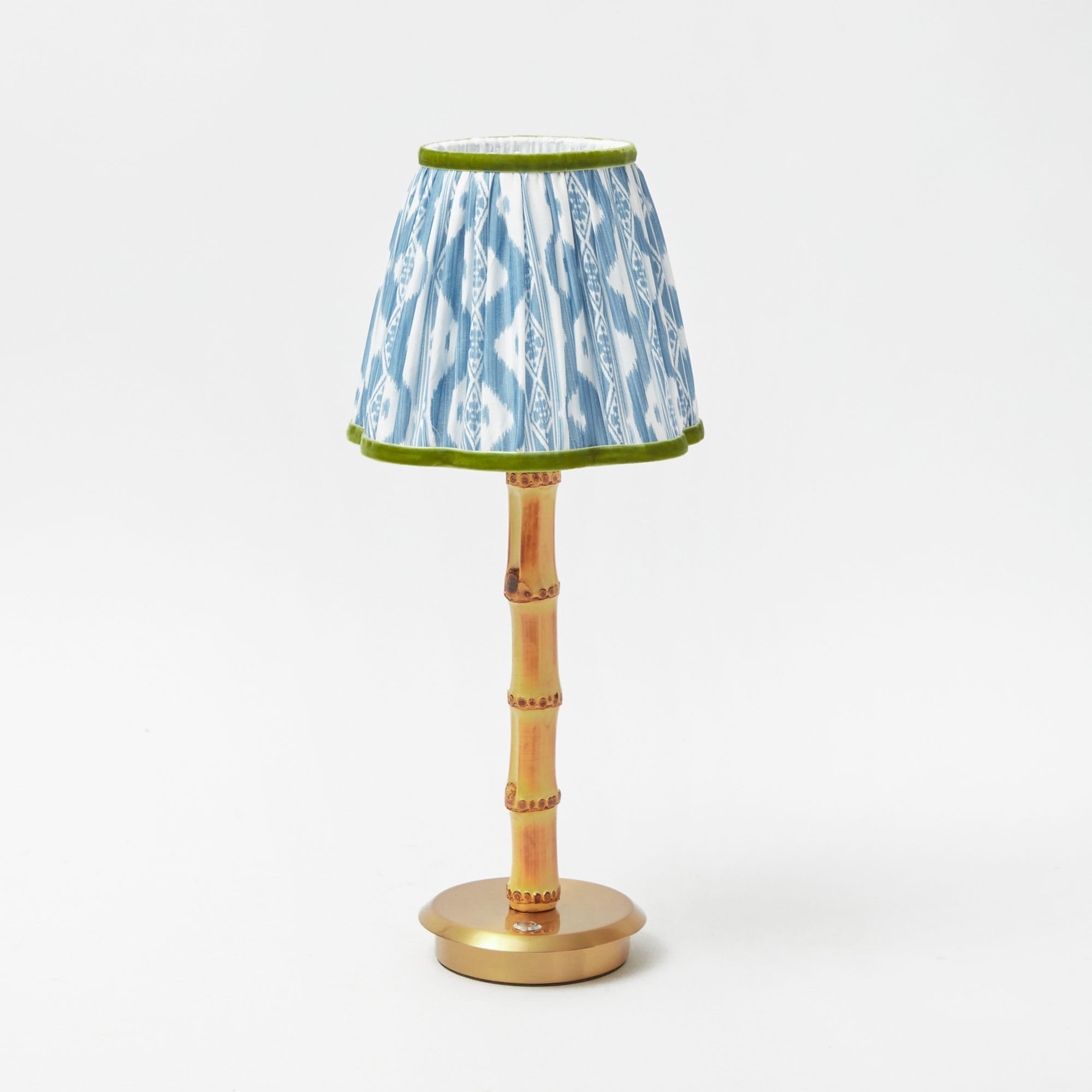 Rechargeable Bamboo Lamp with Blue & Green Ikat Shade (18cm)