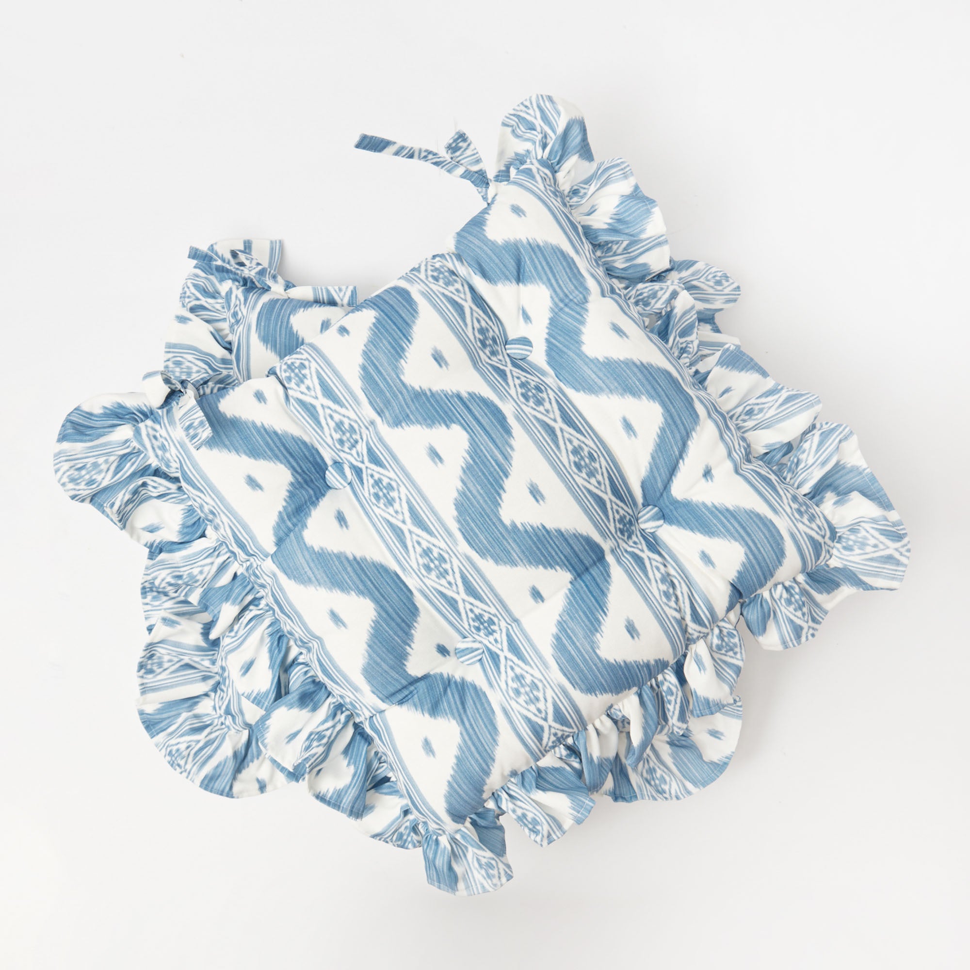 Frilled Blue Ikat Seat Pad Cushion