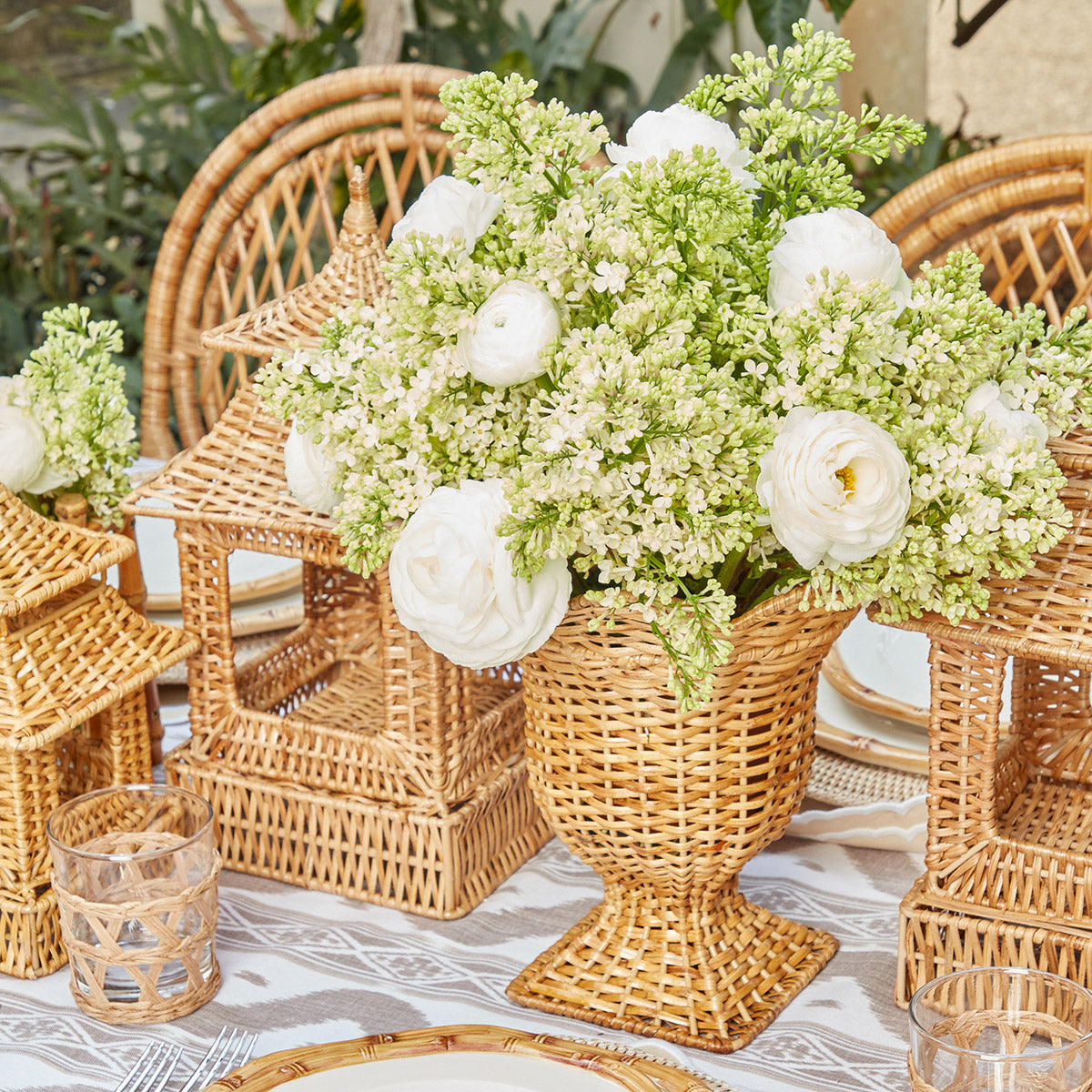 Rattan vase set, including both pagoda and urn styles for variety.