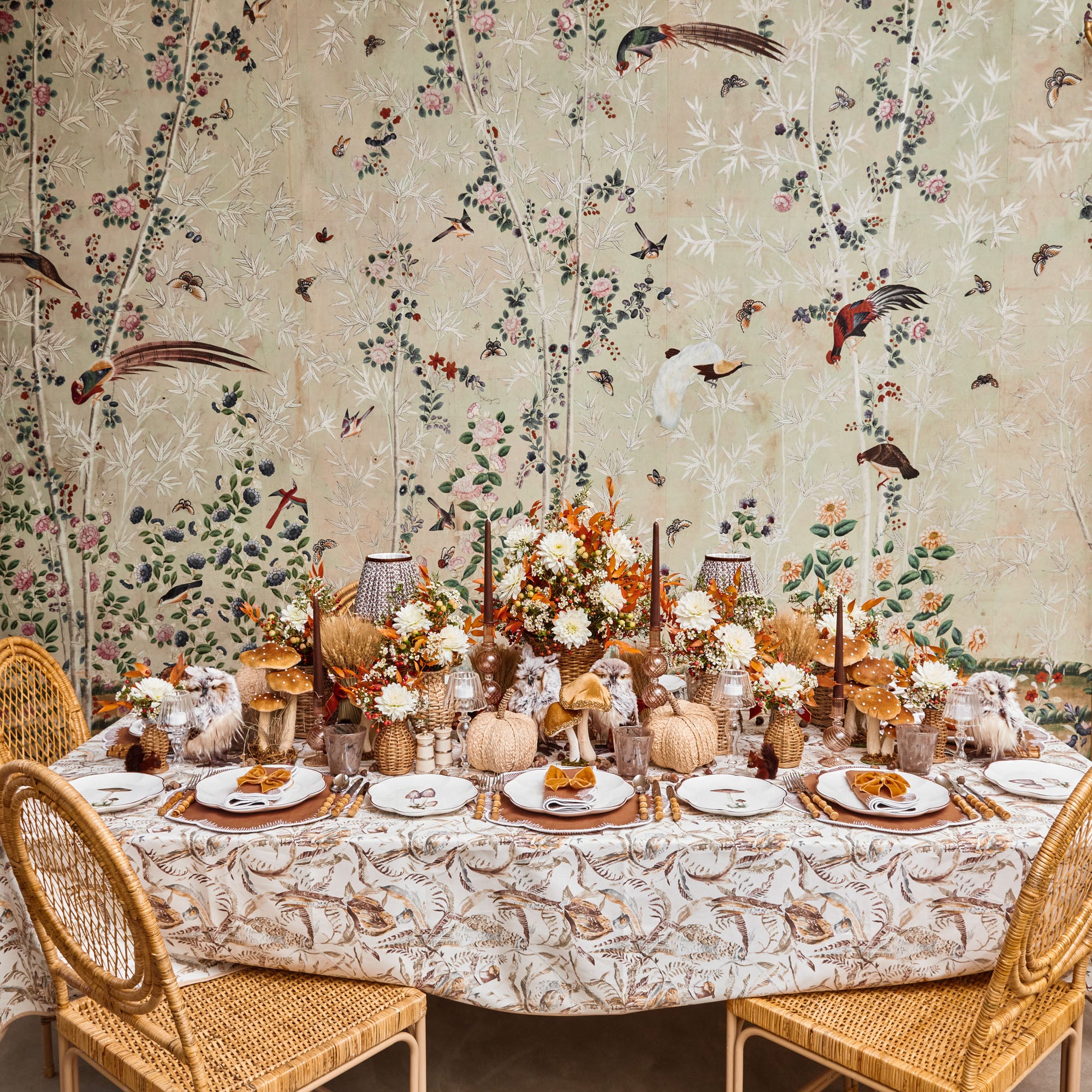 Cloth for tables, displaying shaded pheasants in a graceful design.