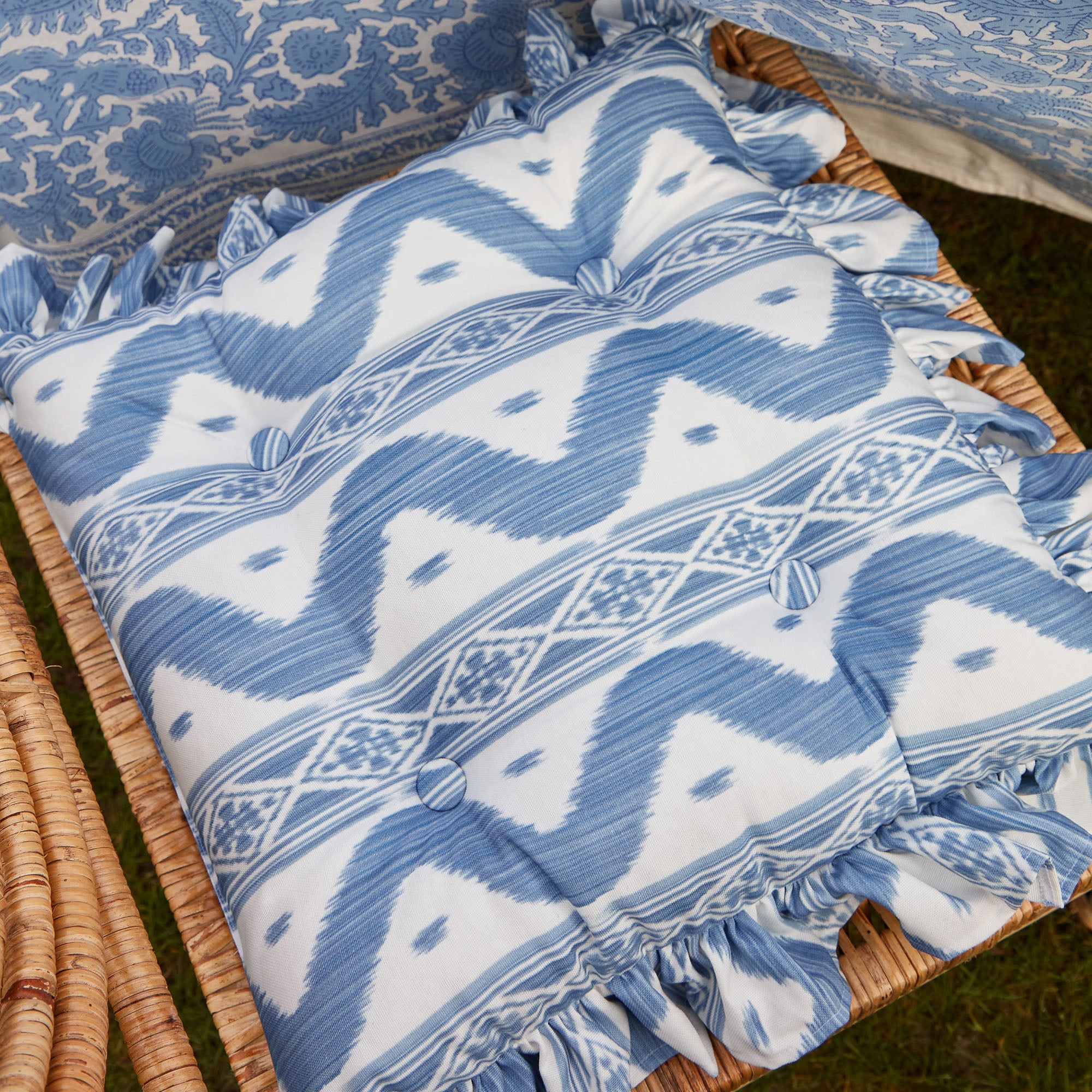 Frilled Blue Ikat Seat Pad Cushion