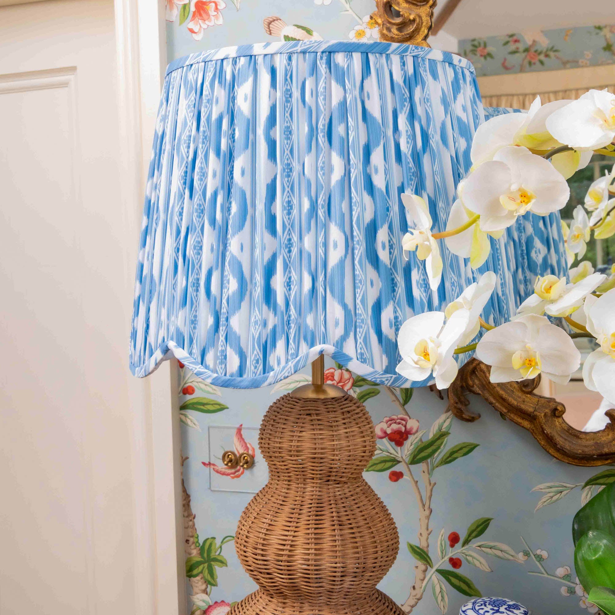 Rattan Brigitte Lamp & Blue Ikat Deep Scalloped Shade (40cm)