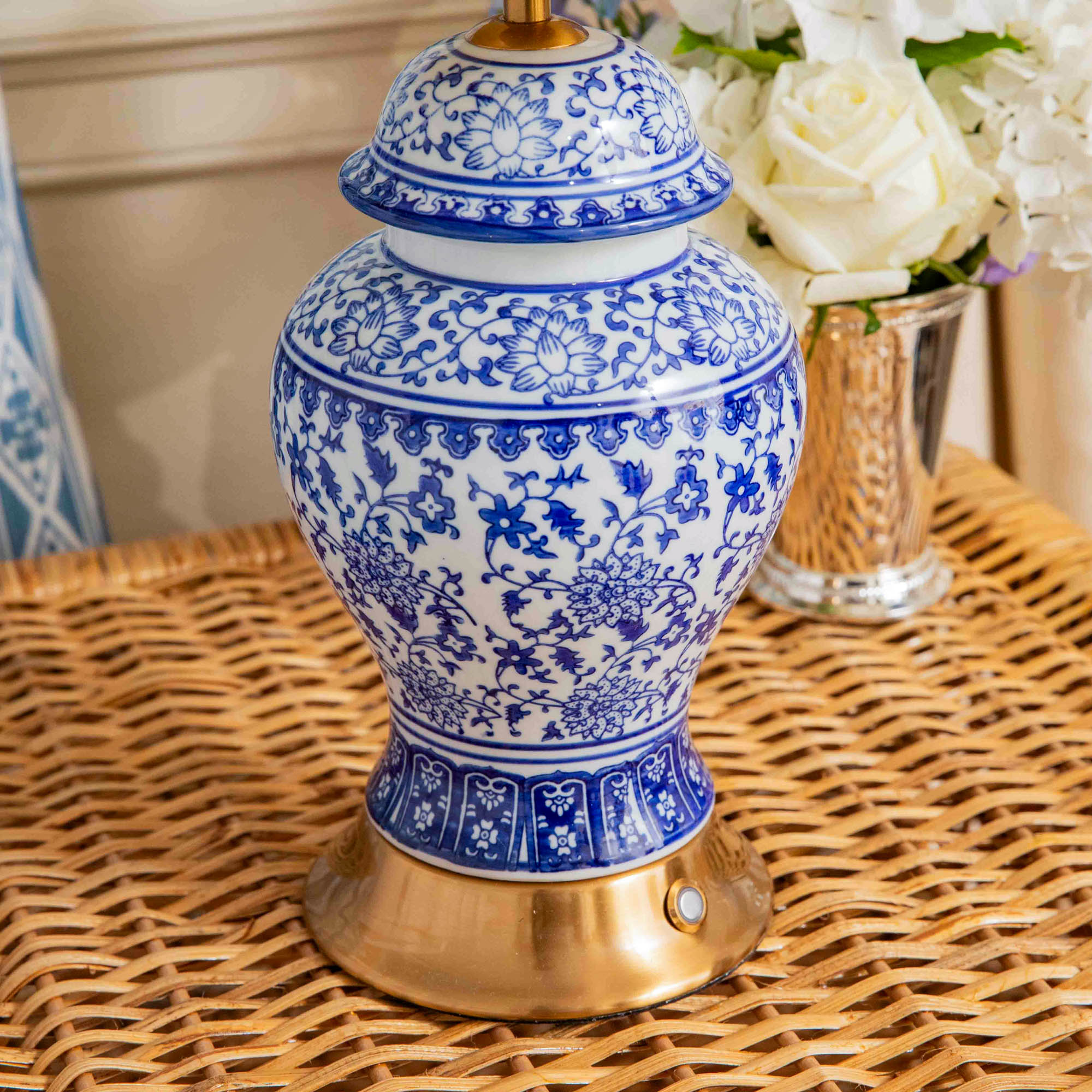 Chinoiserie Rechargeable Lamp & Cobalt Ikat Shade (22cm)