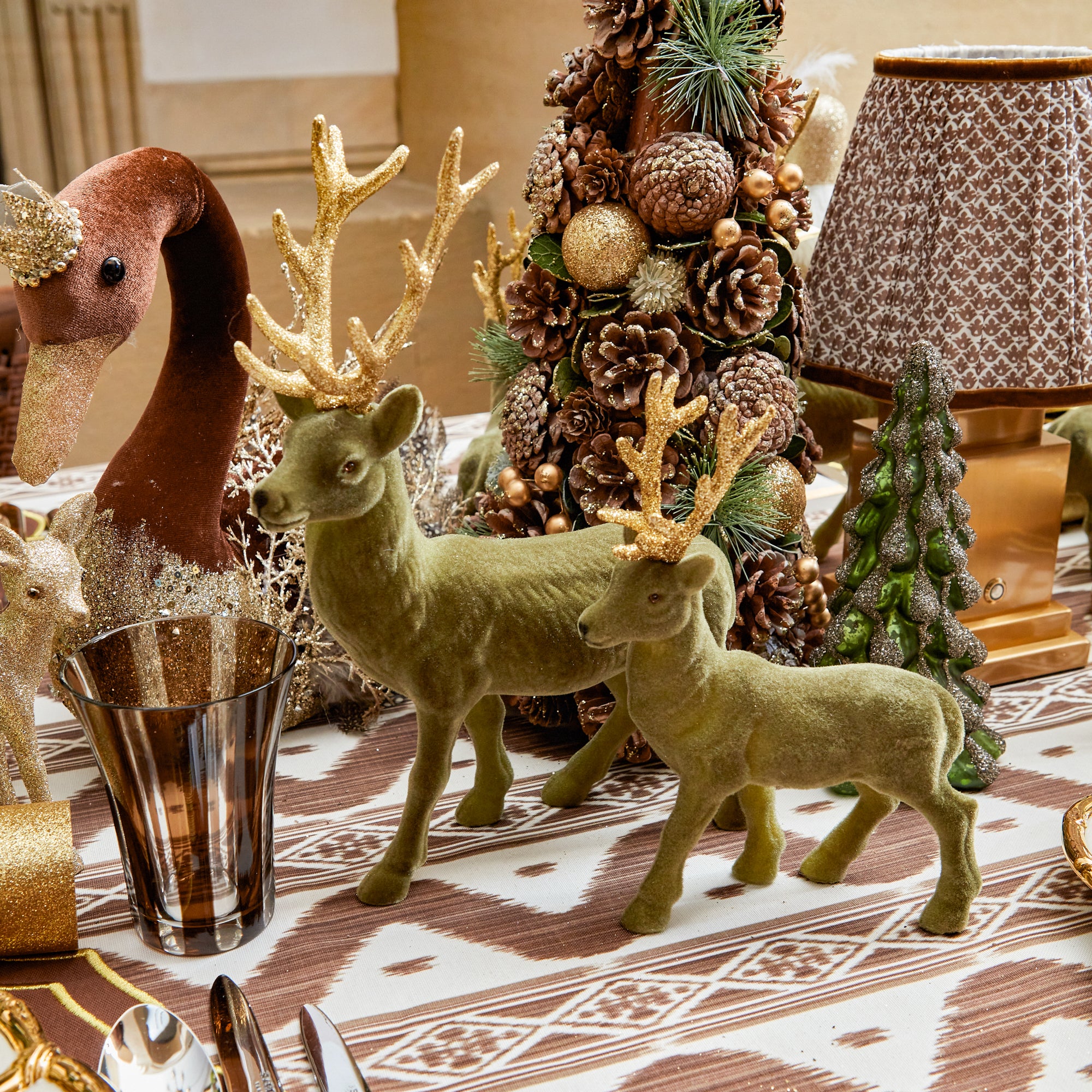 Large Olive Green Flocked Reindeer (Pair)