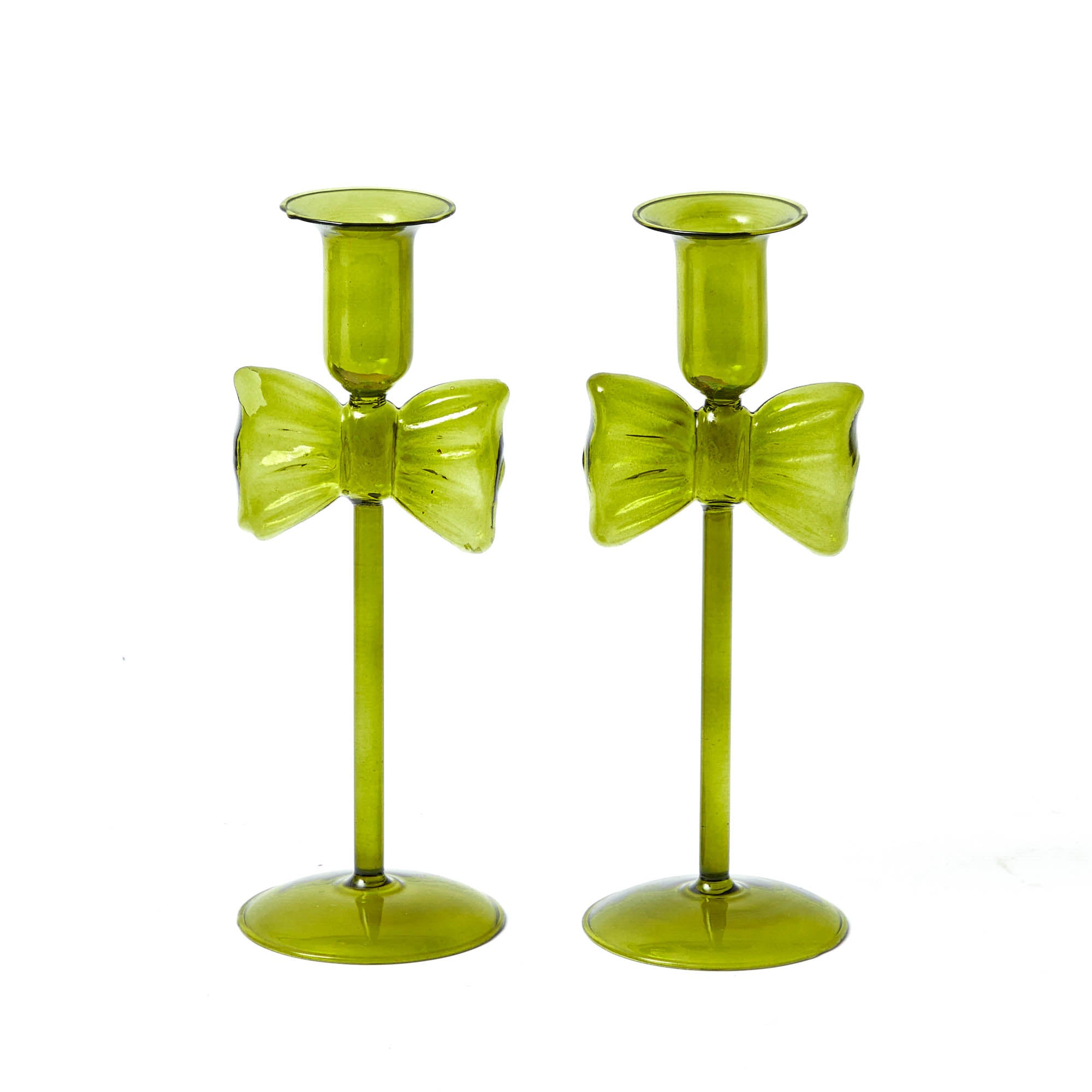 Celine Green Glass Bow Candle Holder (Pair)