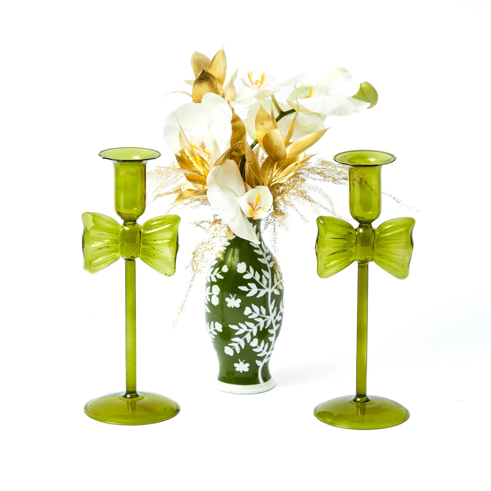 Celine Green Glass Bow Candle Holder (Pair)