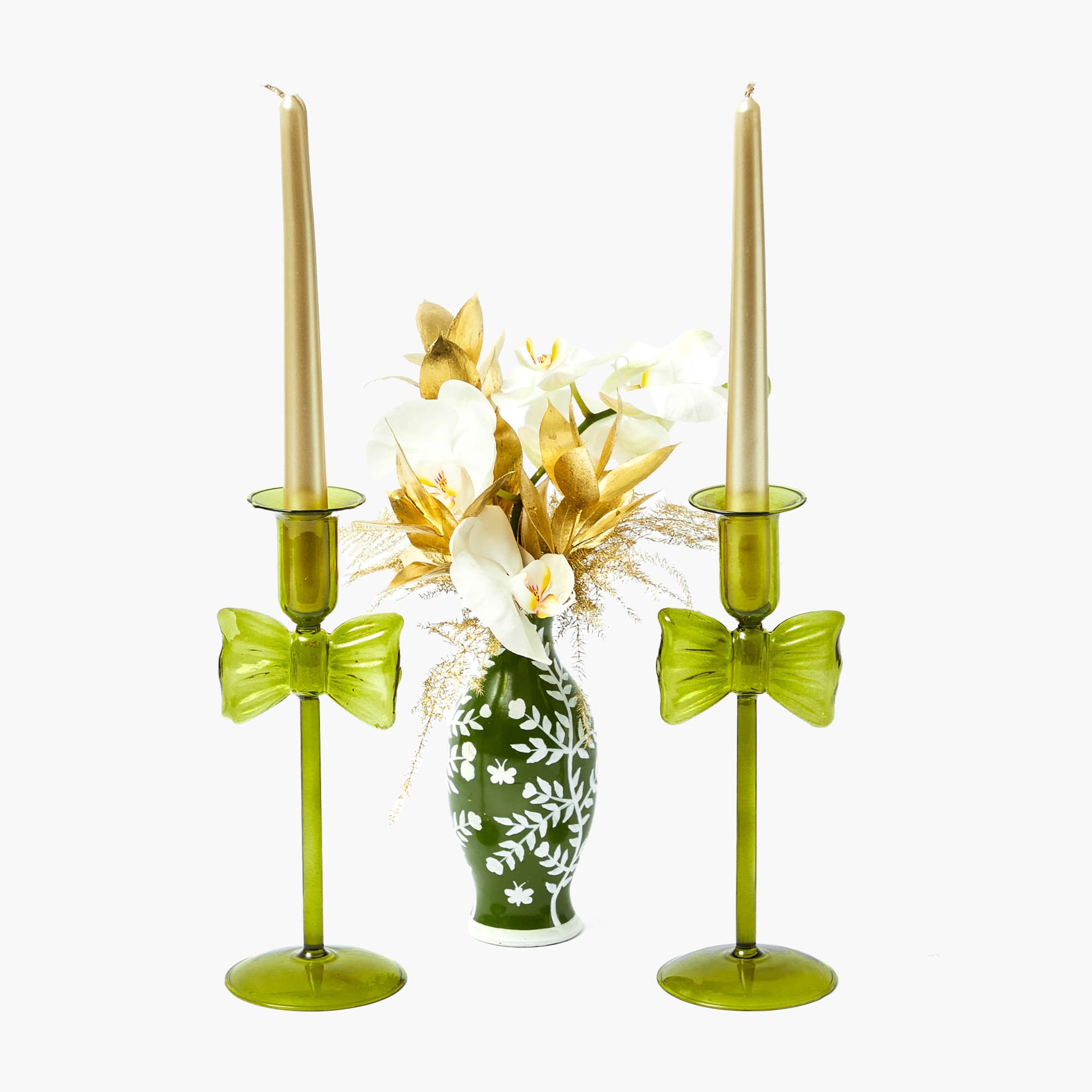 Celine Green Glass Bow Candle Holder (Pair)