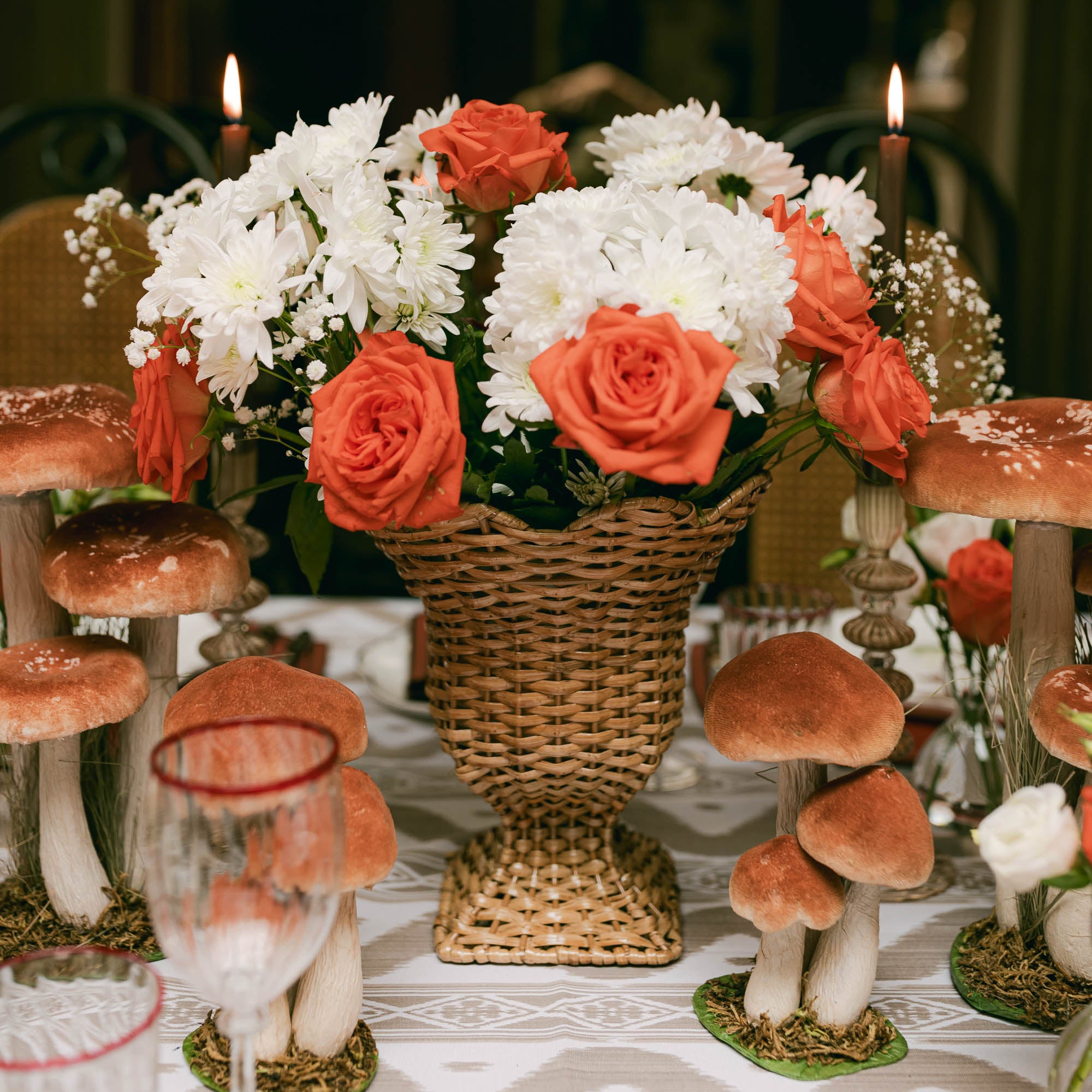 Ceramic shops mushrooms. Autumn decoration for the center of the table, kitchen interior. Set of 3 mushrooms, 3 chanterelles, 1 royal mushroom.