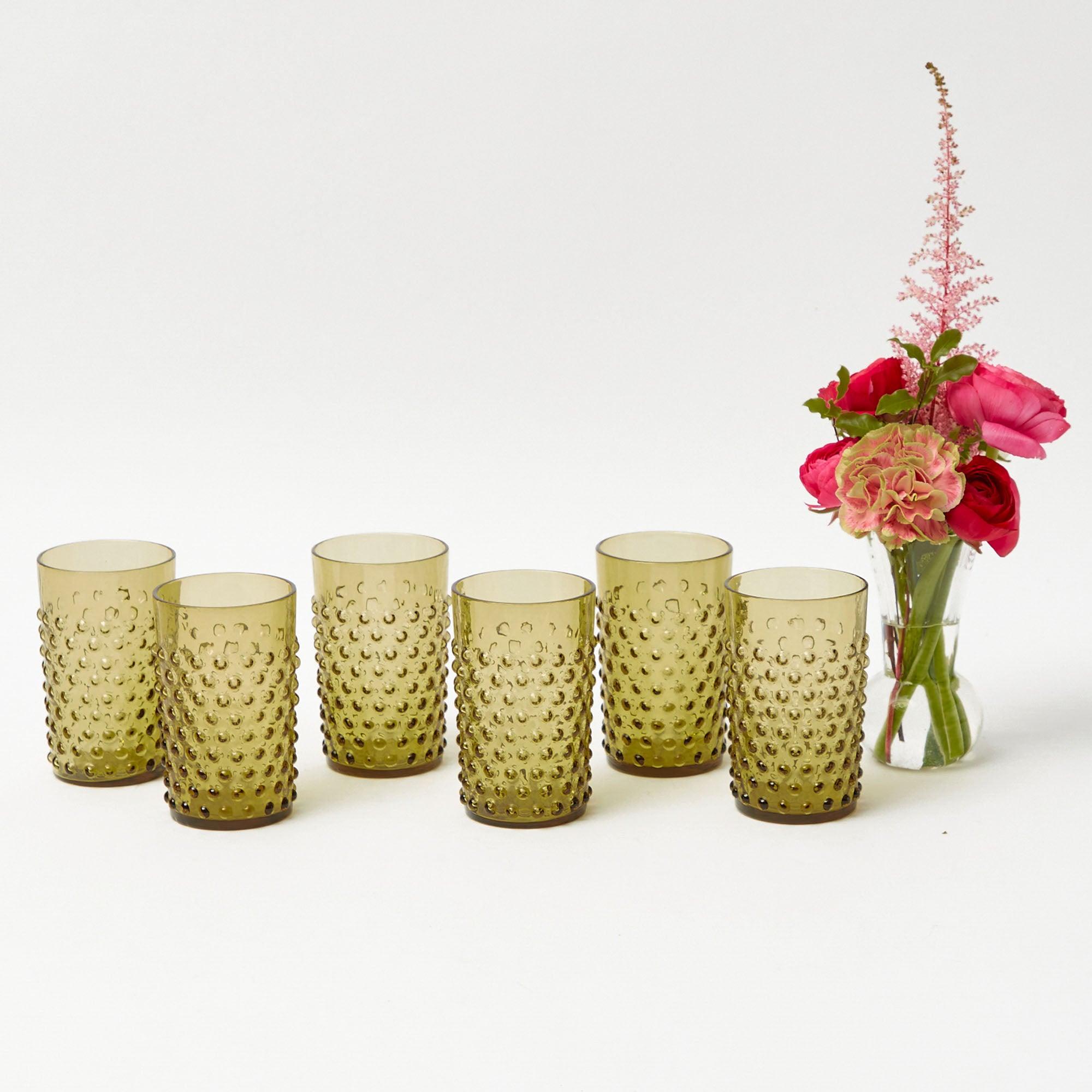 Olive Green Hobnail Jug & Glasses (Set of 6)