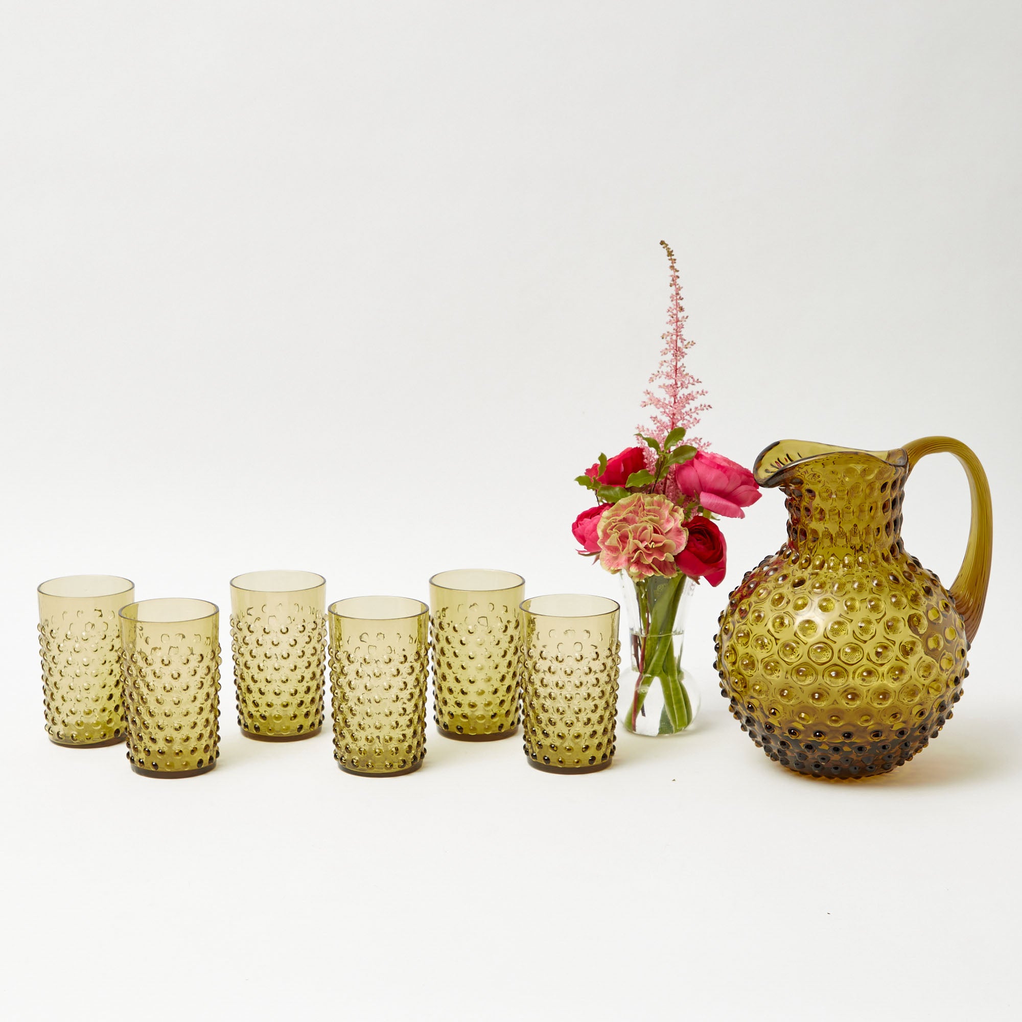 Olive Green Hobnail Jug & Glasses (Set of 6)