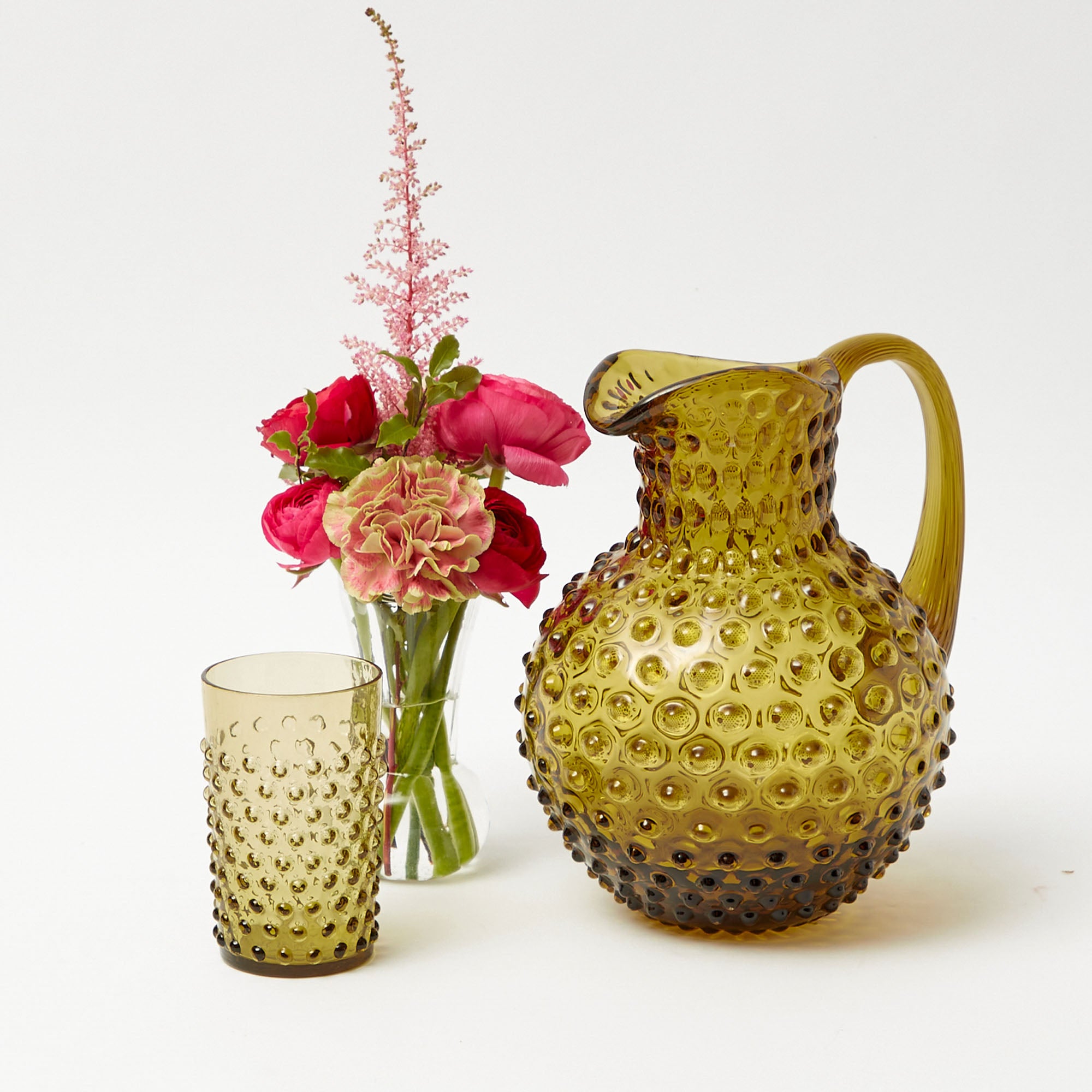 Olive Green Hobnail Jug & Glasses (Set of 6)