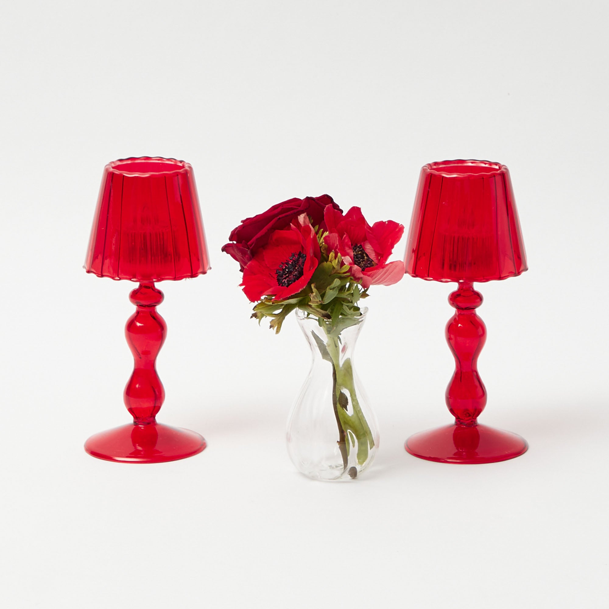 Red Glass Lantern Tea Light Holder (Pair) - 18 cm