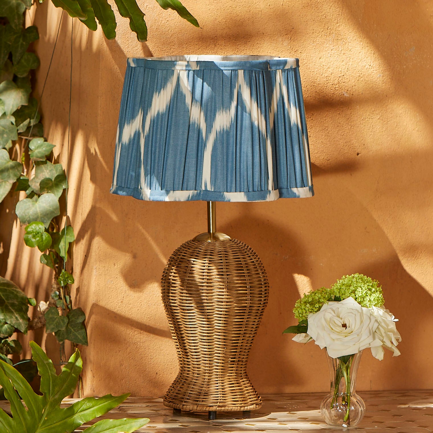 Rattan Blanche Lamp with Bleu Sarcelle Ikat Shade (30cm)