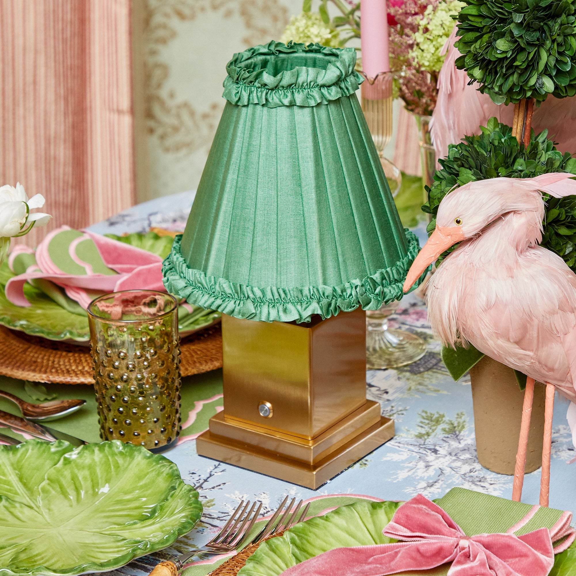 Rechargeable Lamp with Green Frilled Shade (18cm)