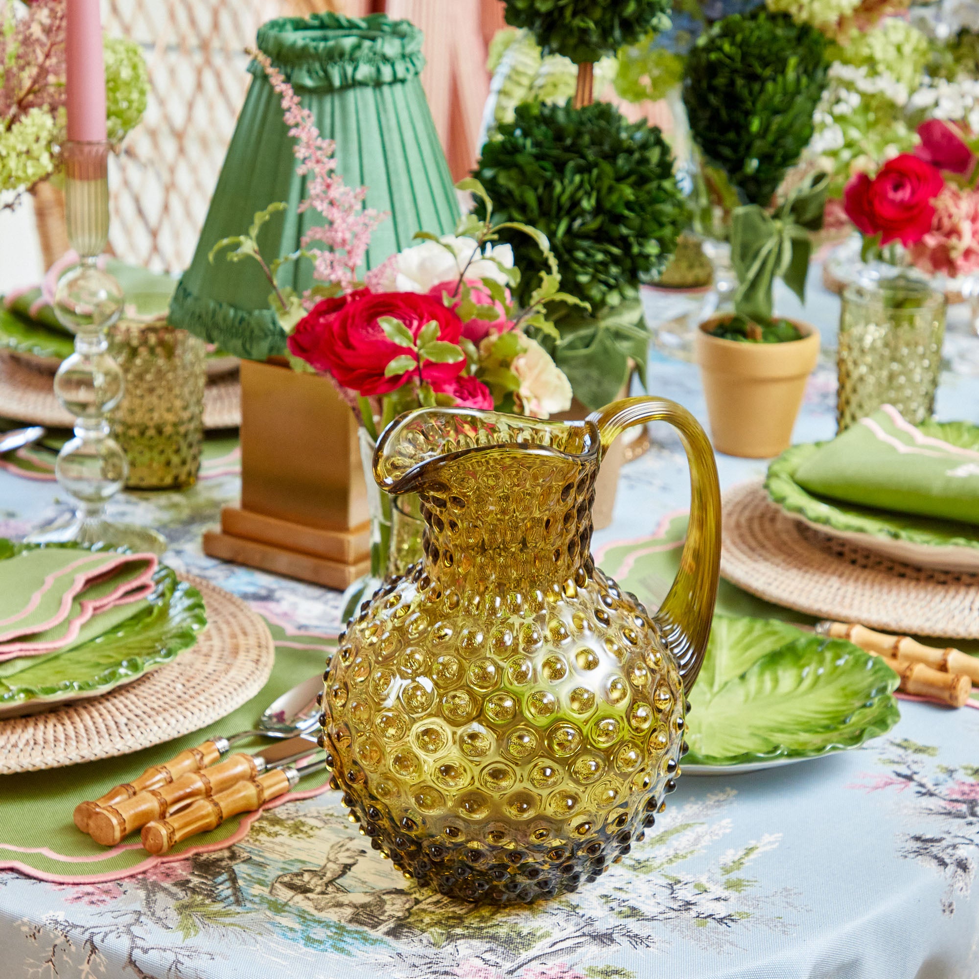 Olive Green Hobnail Jug & Glasses (Set of 6)