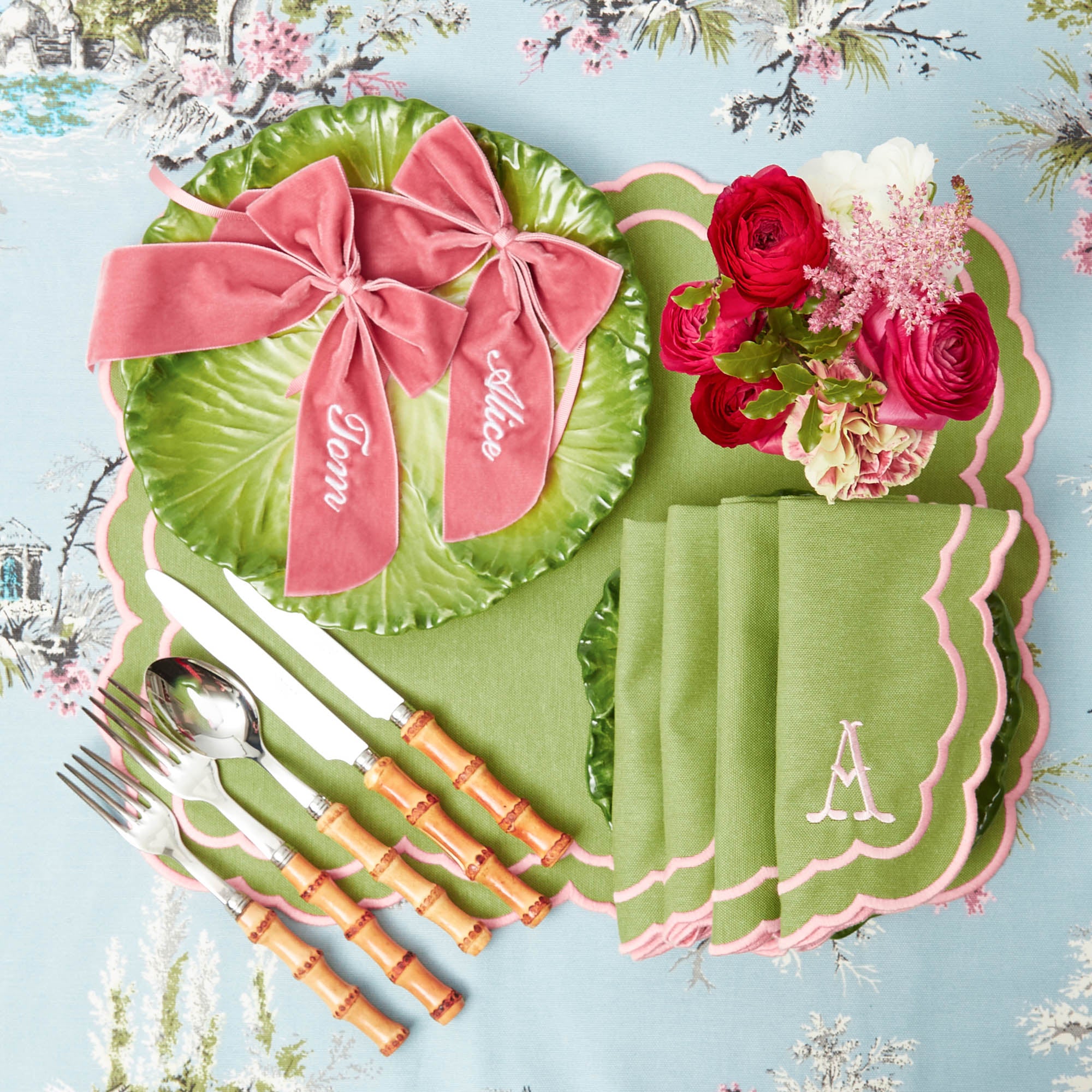 Valérie Green & Pink Placemats & Napkins (Set of 4)