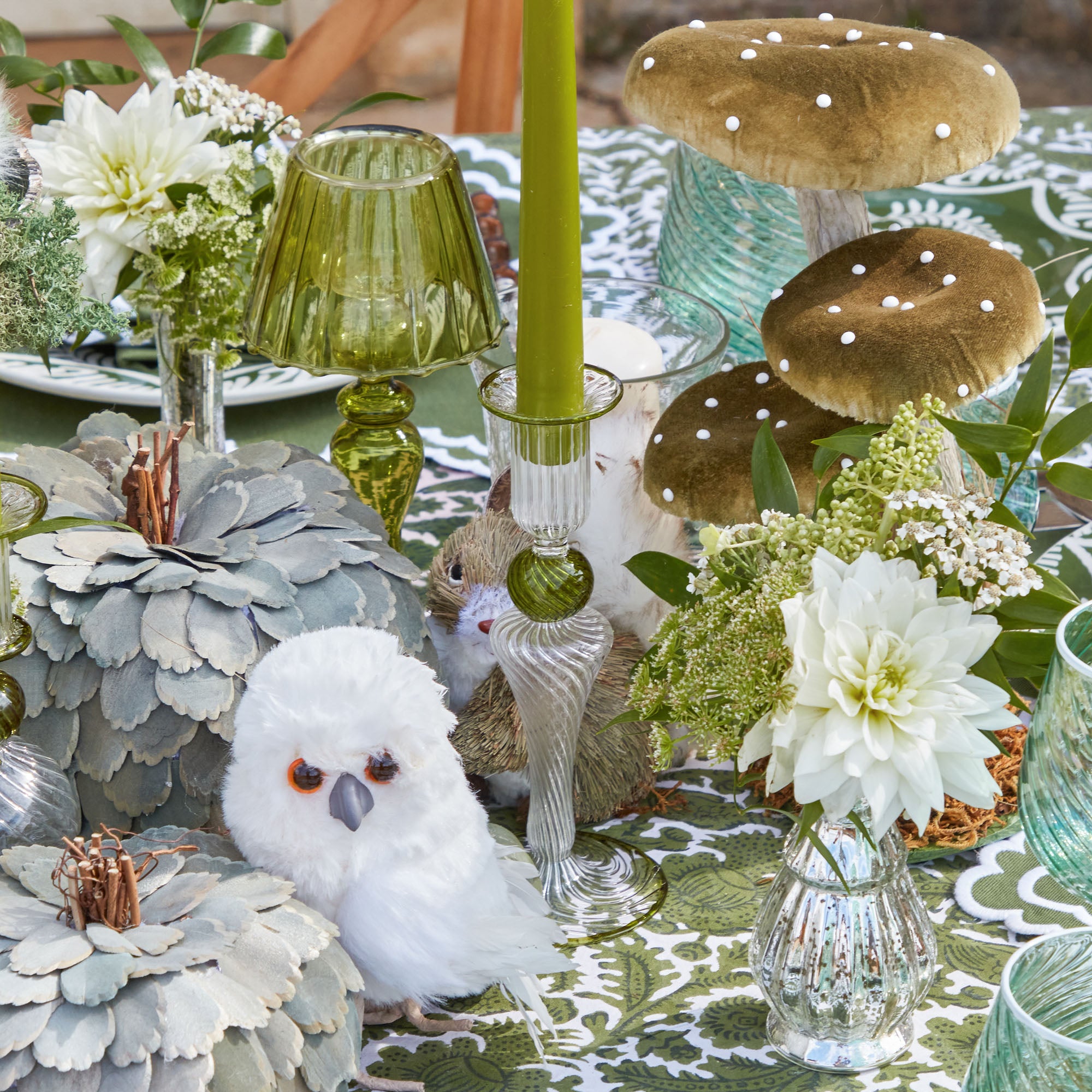 Add a hint of whimsical elegance to your space with the Tall Green Velvet Mushroom Set, designed for charm.