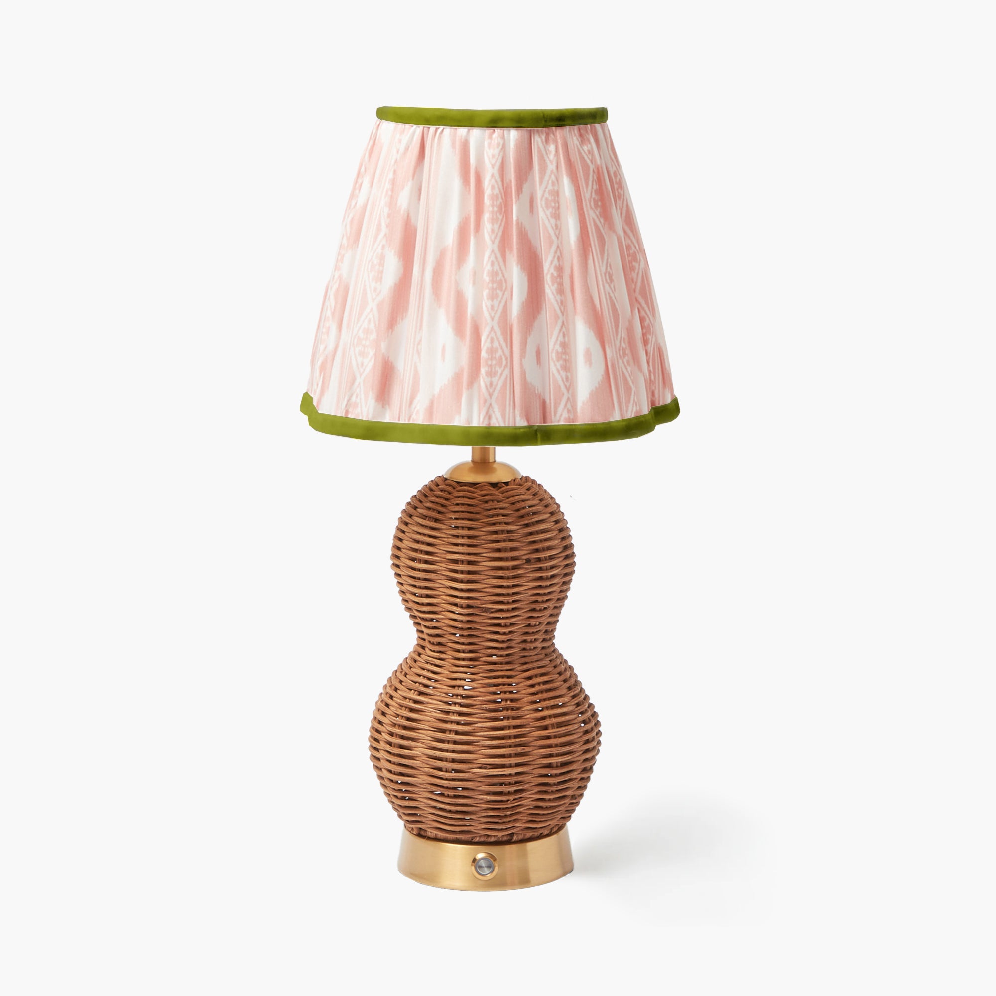 Rattan Bardot Rechargeable Lamp with Pink & Green Ikat Shade (18cm)