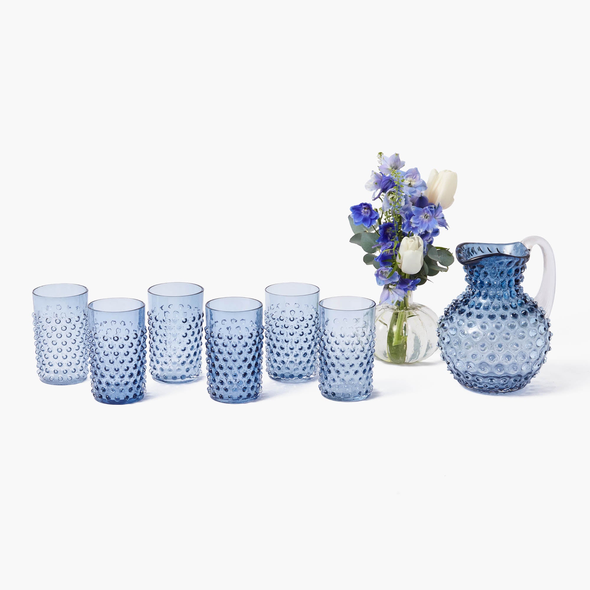 Small Navy Hobnail Jug & Glasses (Set of 6)